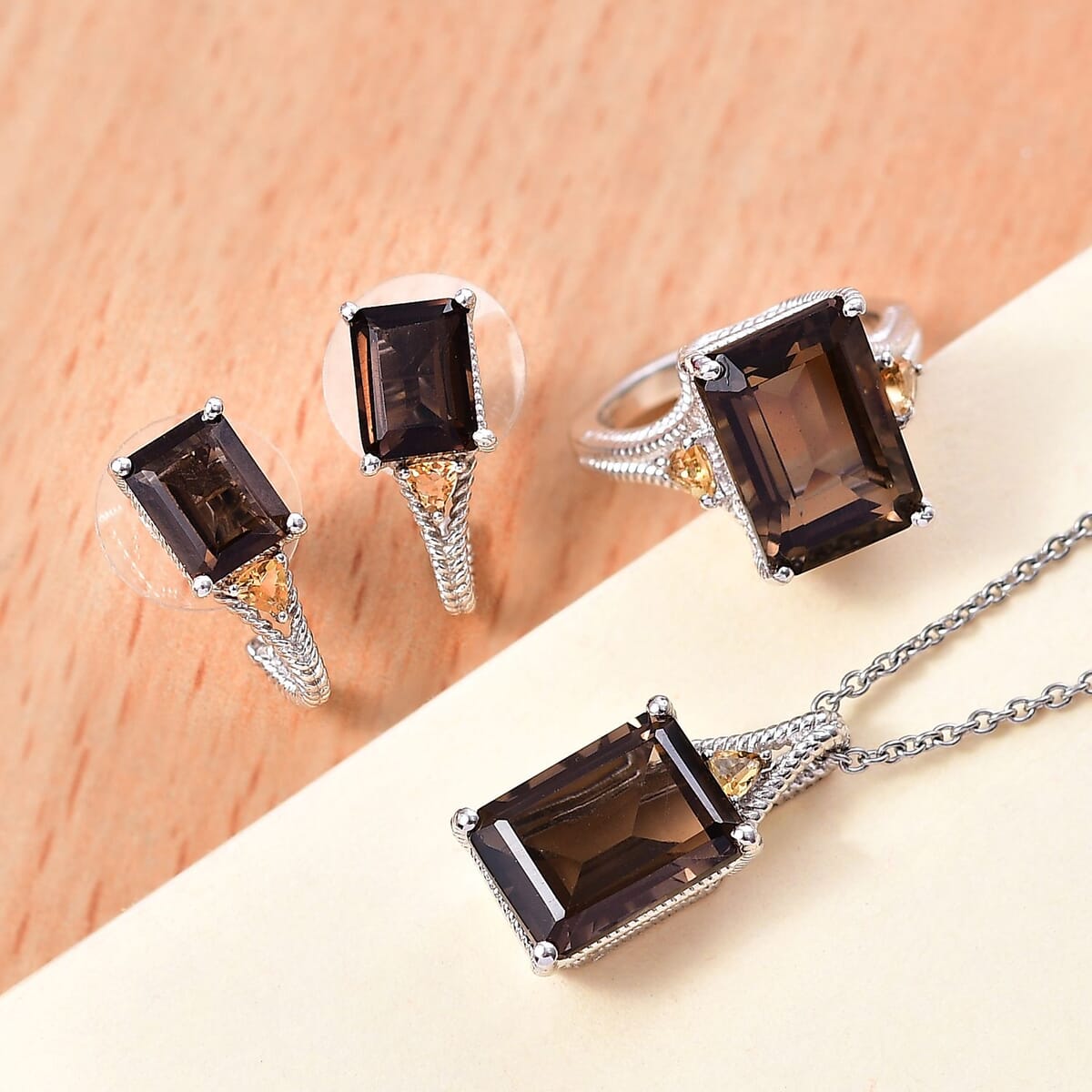 Brazilian Smoky Quartz and Brazilian Citrine 21.50 ctw Earrings, Ring (Size 8.0), Pendant in Platinum Bond with Stainless Steel Necklace 20 Inches image number 1