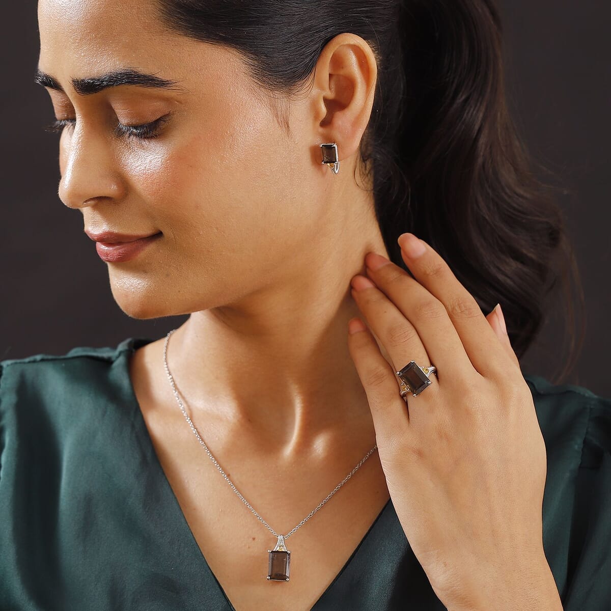 Brazilian Smoky Quartz and Brazilian Citrine 21.50 ctw Earrings, Ring (Size 8.0), Pendant in Platinum Bond with Stainless Steel Necklace 20 Inches image number 2