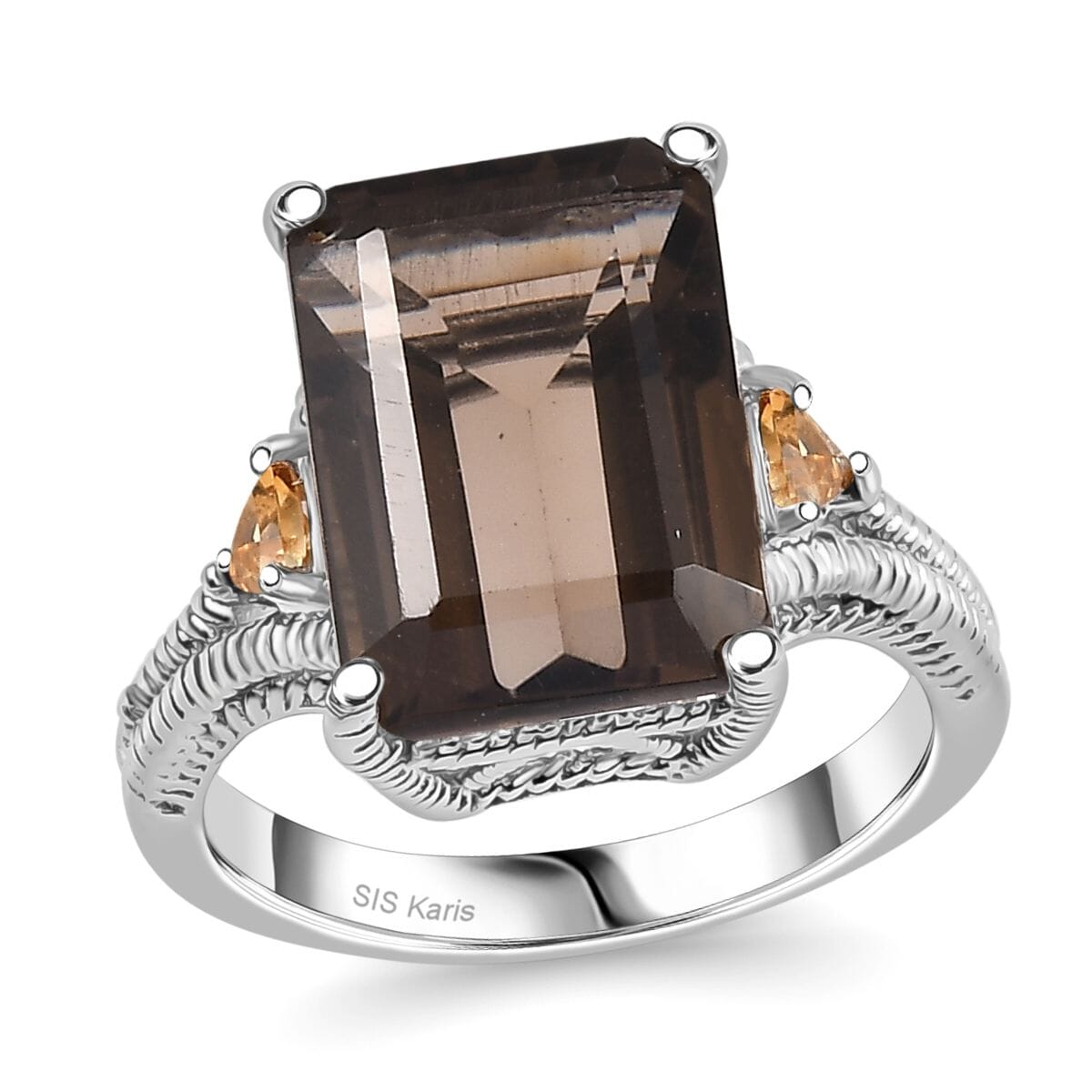 Brazilian Smoky Quartz and Brazilian Citrine 21.50 ctw Earrings, Ring (Size 8.0), Pendant in Platinum Bond with Stainless Steel Necklace 20 Inches image number 3