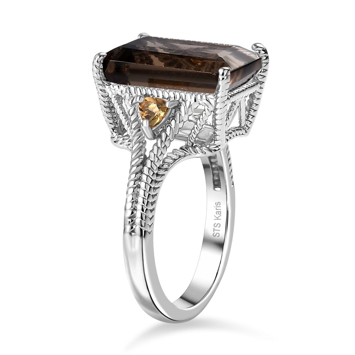 Brazilian Smoky Quartz and Brazilian Citrine 21.50 ctw Earrings, Ring (Size 8.0), Pendant in Platinum Bond with Stainless Steel Necklace 20 Inches image number 4