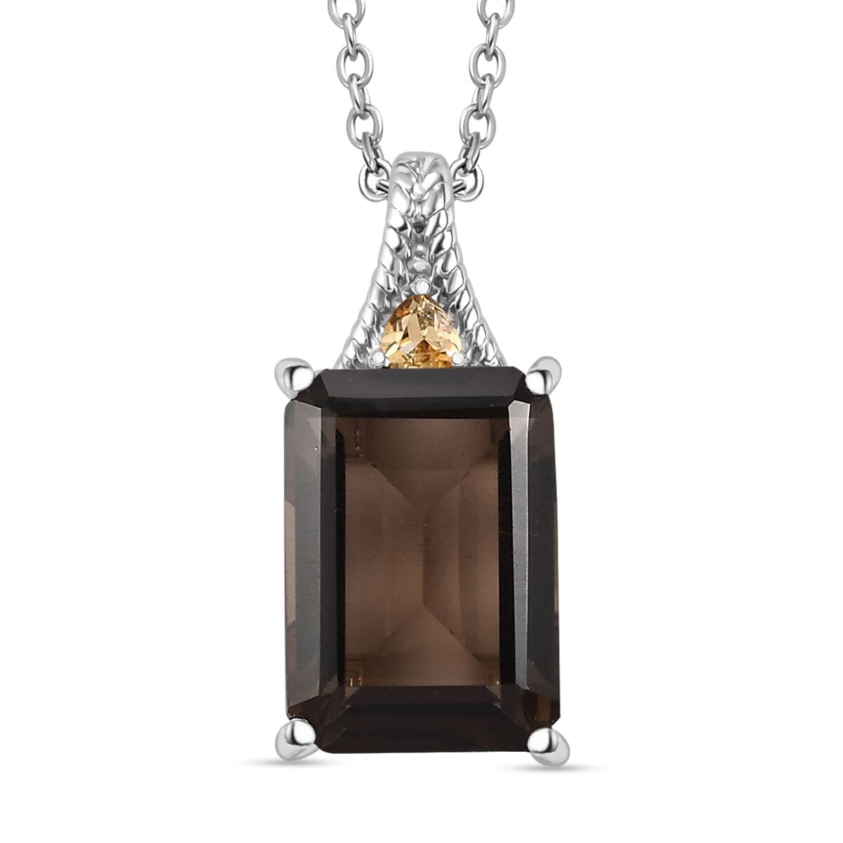Brazilian Smoky Quartz and Brazilian Citrine 21.50 ctw Earrings, Ring (Size 8.0), Pendant in Platinum Bond with Stainless Steel Necklace 20 Inches image number 6