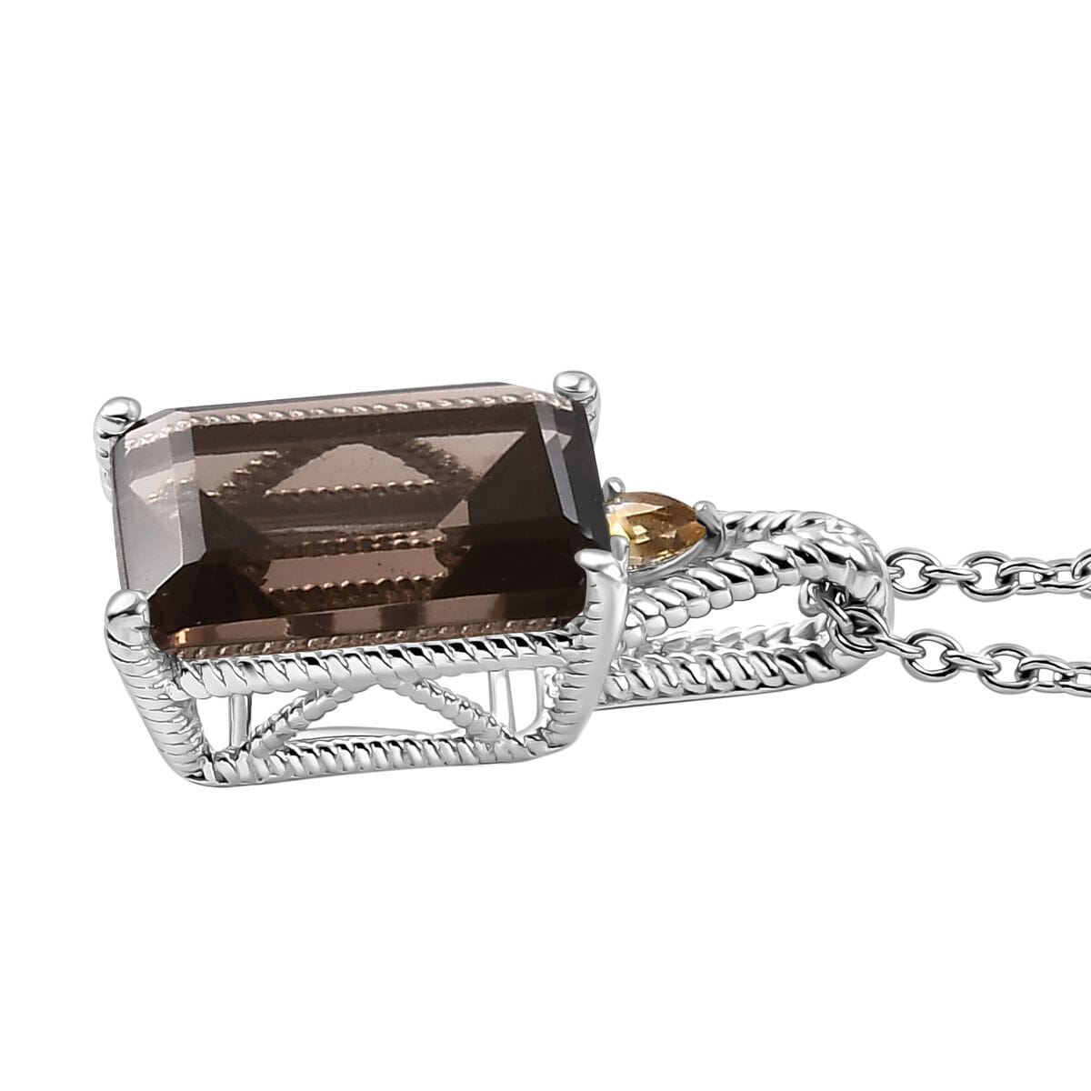 Brazilian Smoky Quartz and Brazilian Citrine 21.50 ctw Earrings, Ring (Size 8.0), Pendant in Platinum Bond with Stainless Steel Necklace 20 Inches image number 7