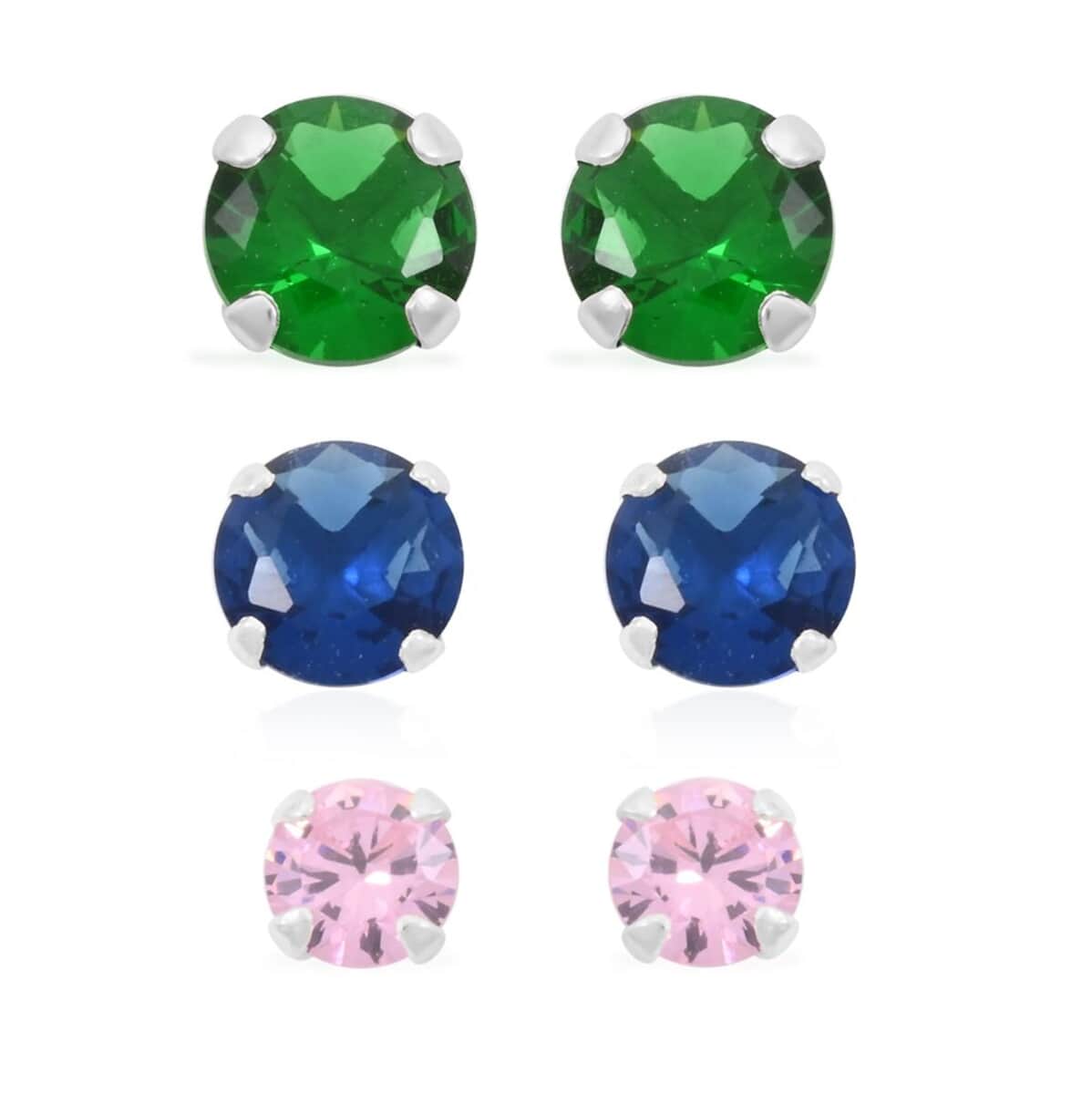 Set of 3, Simulated Pink, Blue and Green Diamond 4.80 ctw Stud Earrings in Sterling Silver image number 0