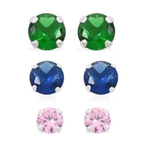 Set of 3, Simulated Pink, Blue and Green Diamond 4.80 ctw Stud Earrings in Sterling Silver