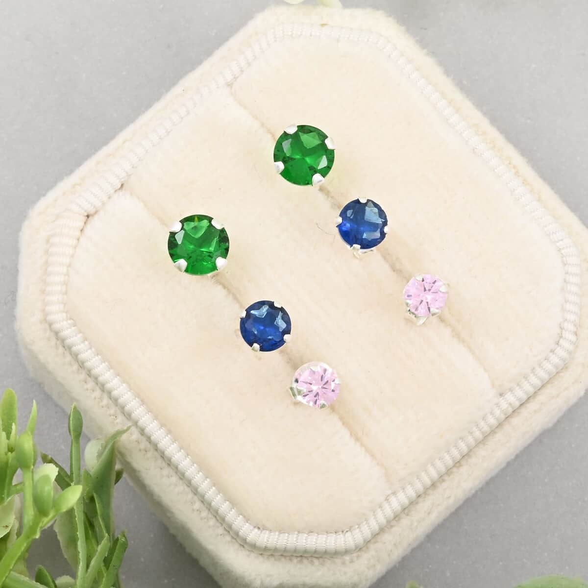 Set of 3, Simulated Pink, Blue and Green Diamond 4.80 ctw Stud Earrings in Sterling Silver image number 1