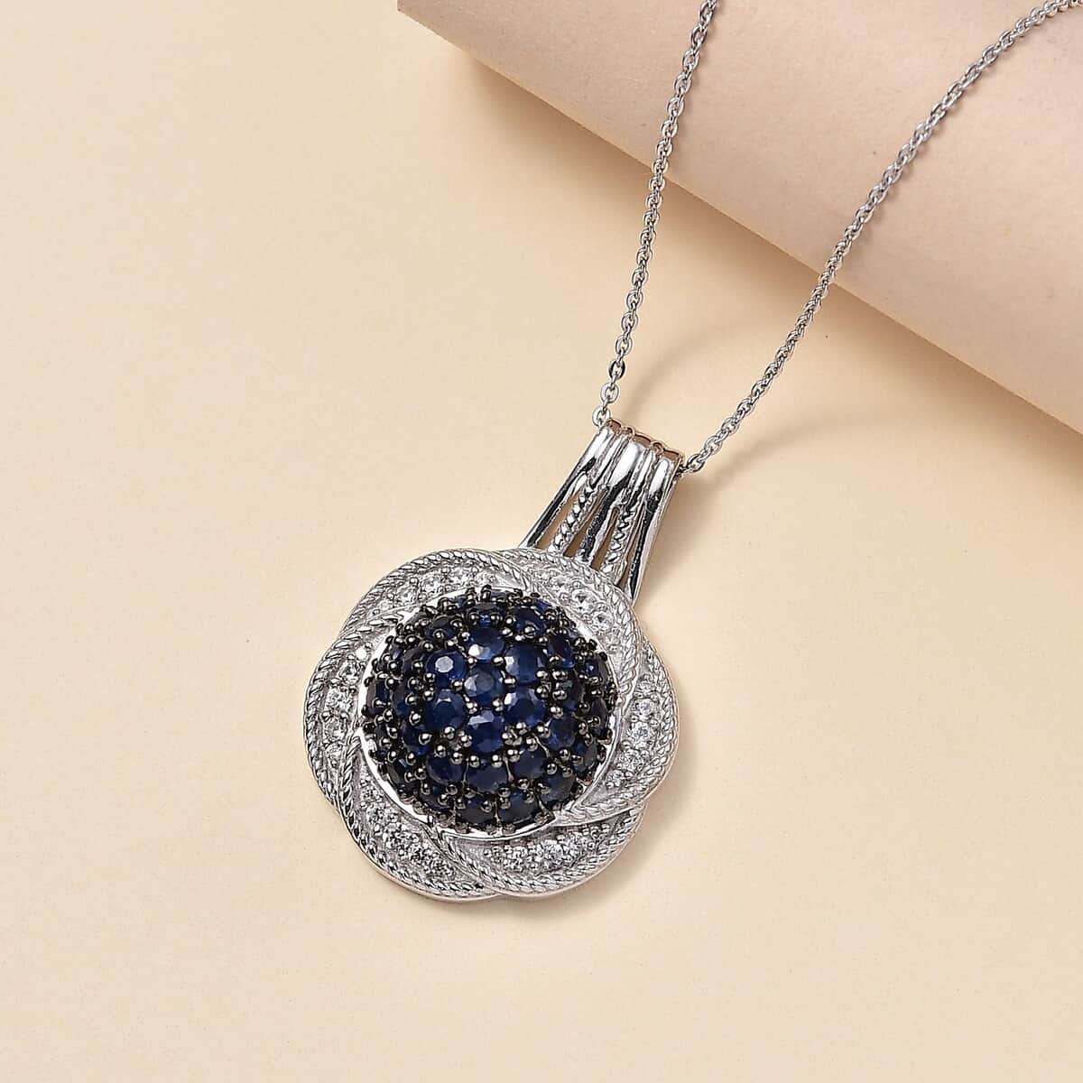 Madagascar Blue Sapphire and White Zircon 3.35 ctw Radiant Galaxy Pendant Necklace in Rhodium Over Sterling Silver 20 Inches image number 1