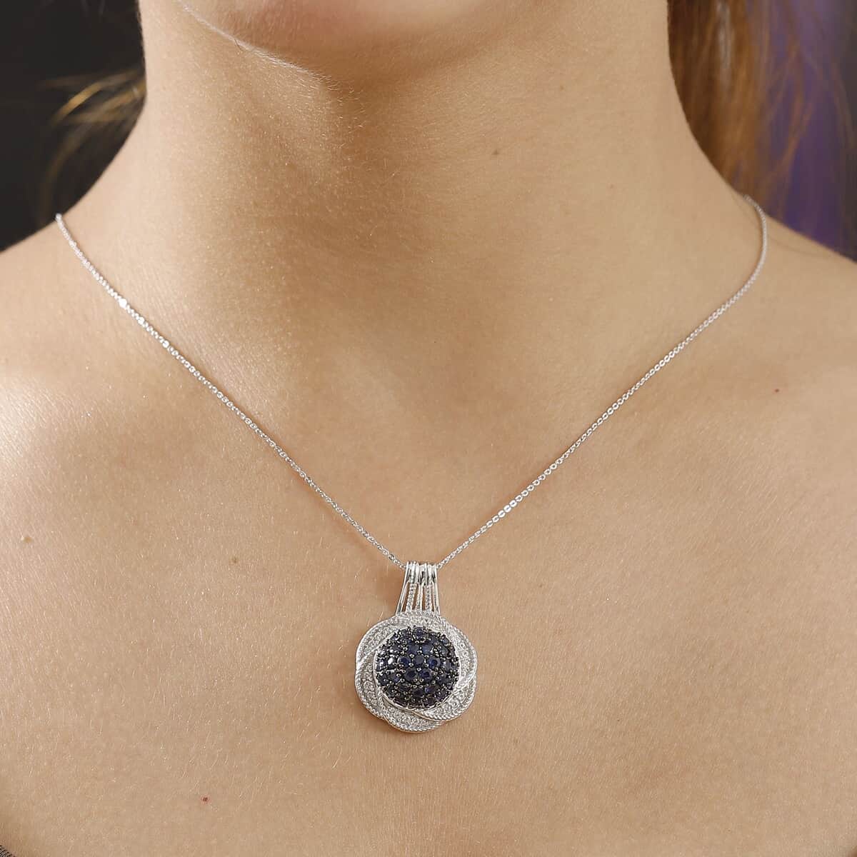 Madagascar Blue Sapphire and White Zircon 3.35 ctw Radiant Galaxy Pendant Necklace in Rhodium Over Sterling Silver 20 Inches image number 2