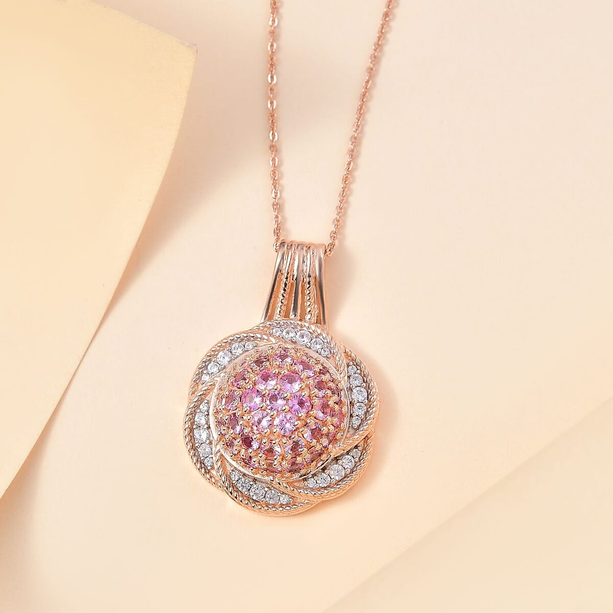 Madagascar Pink Sapphire and White Zircon 3.60 ctw Radiant Galaxy Pendant Necklace in 18K Vermeil Rose Gold Over Sterling Silver 20 Inches image number 1