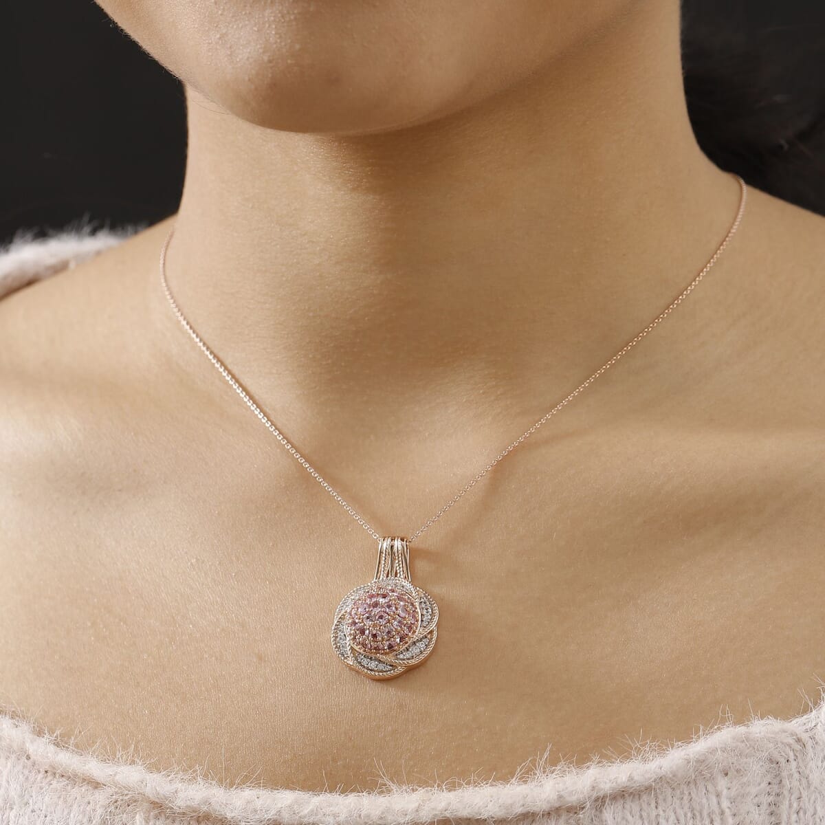 Madagascar Pink Sapphire and White Zircon 3.60 ctw Radiant Galaxy Pendant Necklace in 18K Vermeil Rose Gold Over Sterling Silver 20 Inches image number 2