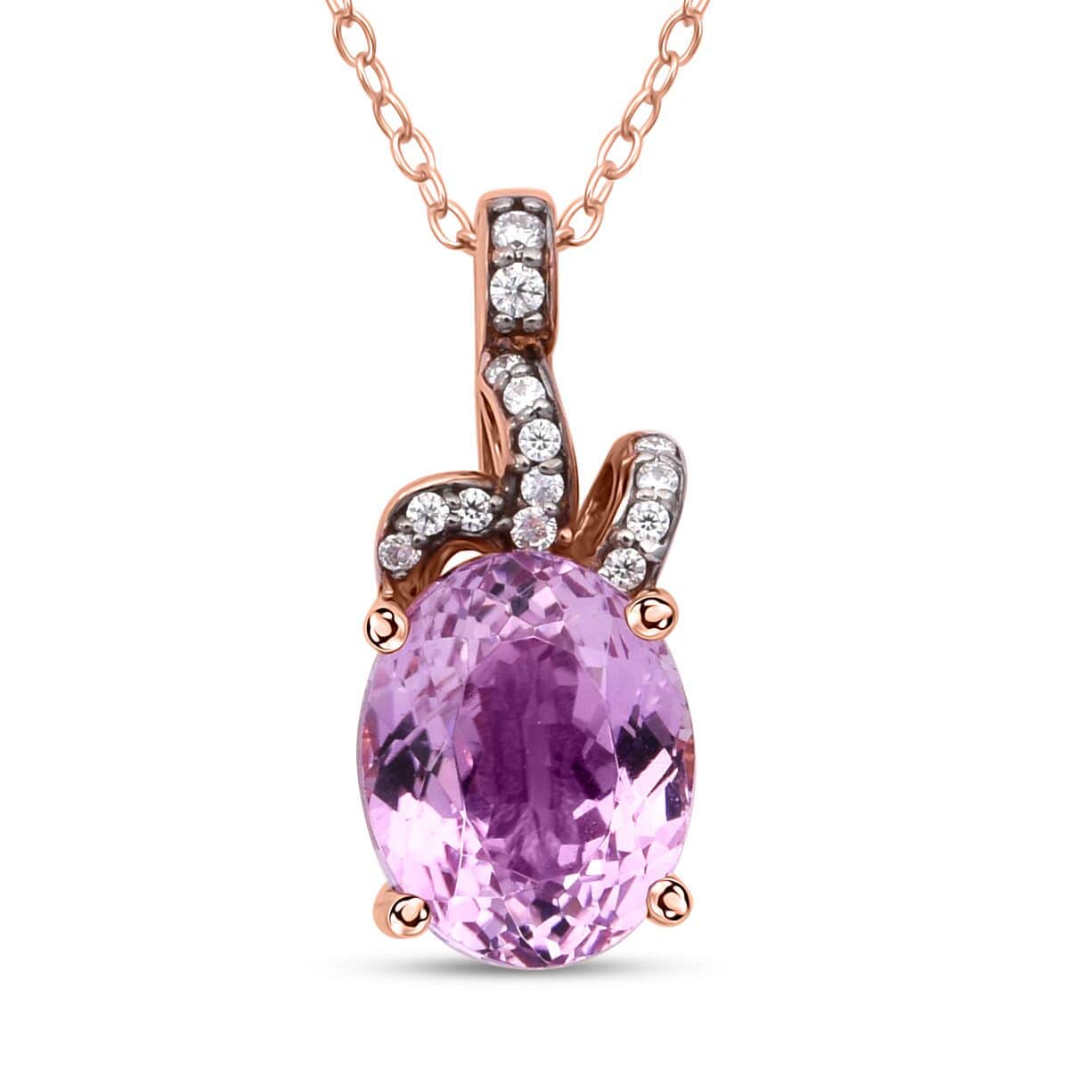 Patroke Kunzite and Moissanite 3.60 ctw Love Knot Pendant Necklace in Vermeil Rose Gold Over Sterling Silver 20 Inches image number 0