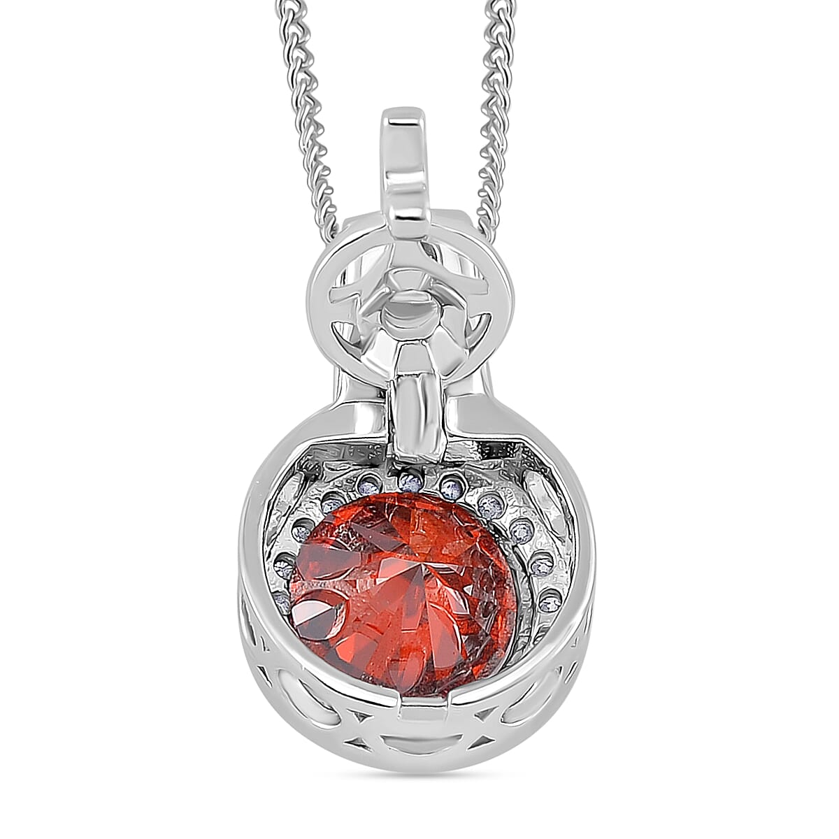 Red and White Moissanite (Rnd 7mm) Halo Pendant Necklace (20 Inches) in Rhodium Over Sterling Silver 2.65 ctw