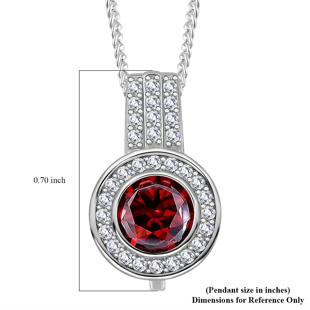 Red and White Moissanite (Rnd 7mm) Halo Pendant Necklace (20 Inches) in Rhodium Over Sterling Silver 2.65 ctw