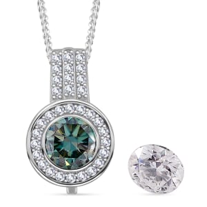 Blue and White Moissanite 2.65 ctw Interchangeable Halo Pendant Necklace in Rhodium Over Sterling Silver 20 Inches