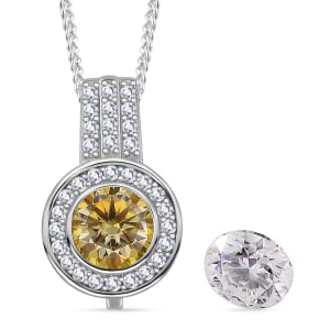 Yellow and White Moissanite 2.60 ctw Interchangeable Halo Pendant Necklace in Rhodium Over Sterling Silver 20 Inches