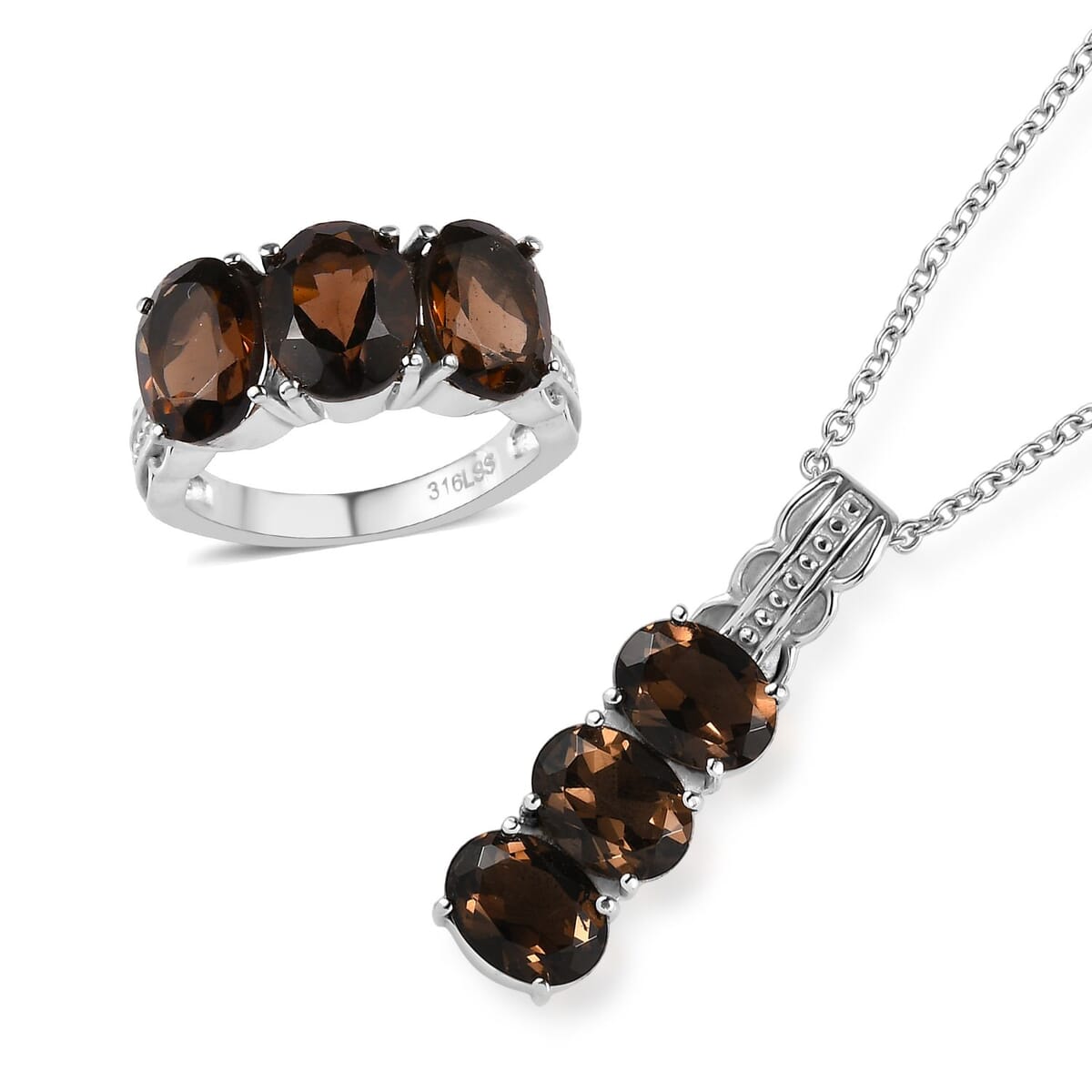 Brazilian Smoky Quartz 9.60 ctw Trilogy Ring (Size 5.0) and Pendant Necklace 20 Inches in Stainless Steel image number 0