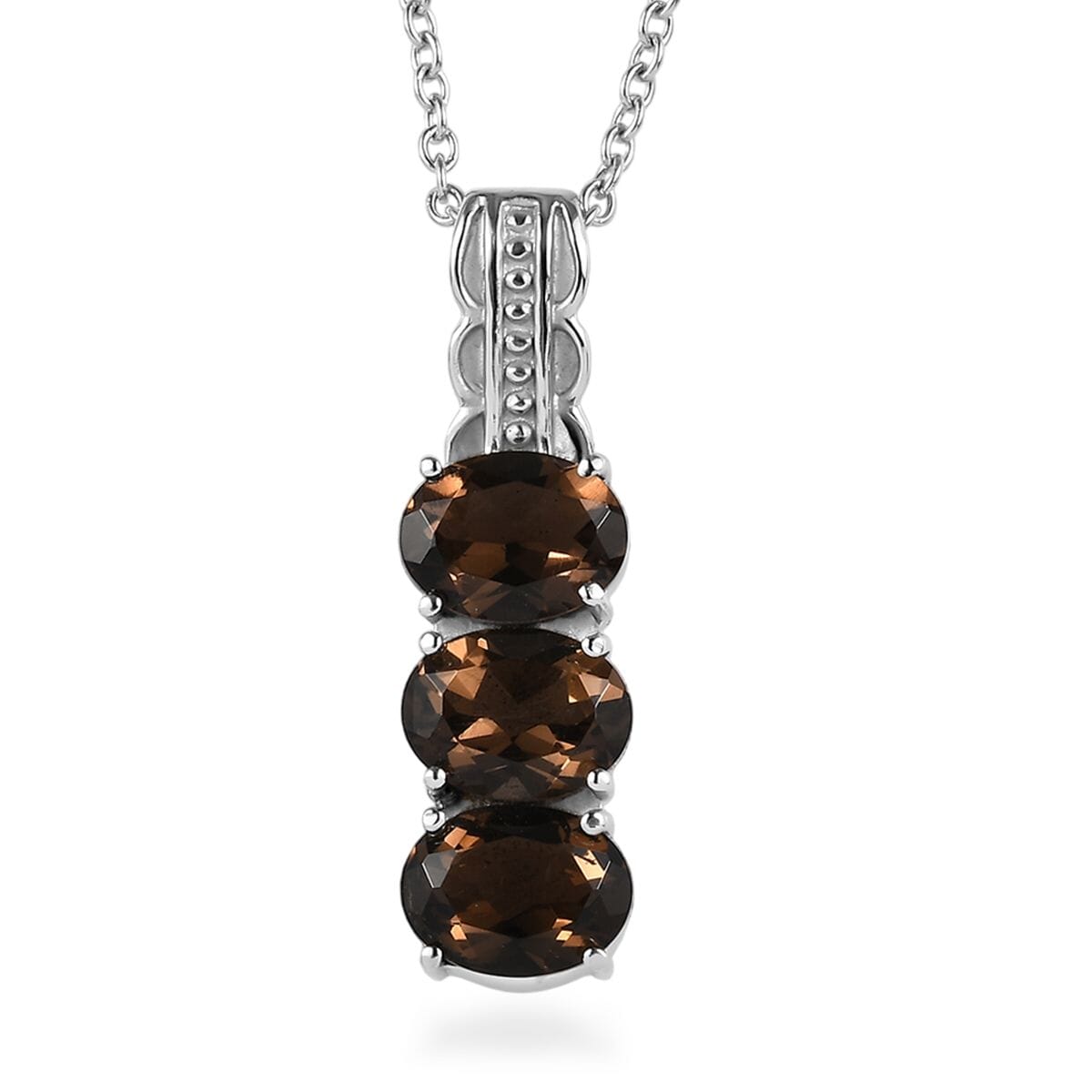 Brazilian Smoky Quartz 9.60 ctw Trilogy Ring (Size 5.0) and Pendant Necklace 20 Inches in Stainless Steel image number 6
