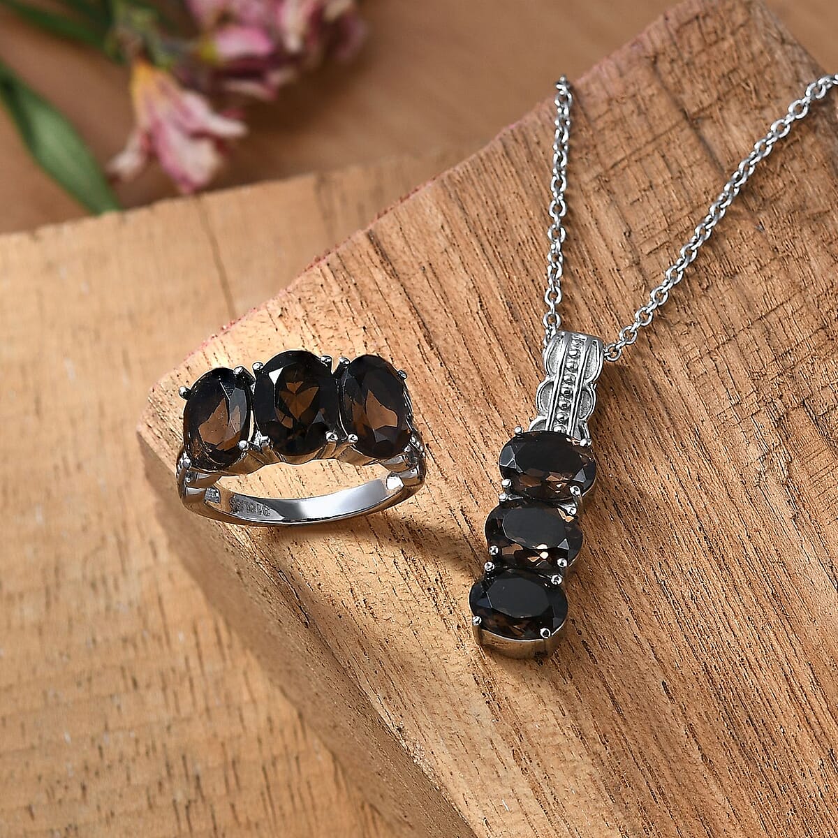 Brazilian Smoky Quartz 9.60 ctw Trilogy Ring (Size 10.0) and Pendant Necklace 20 Inches in Stainless Steel image number 1
