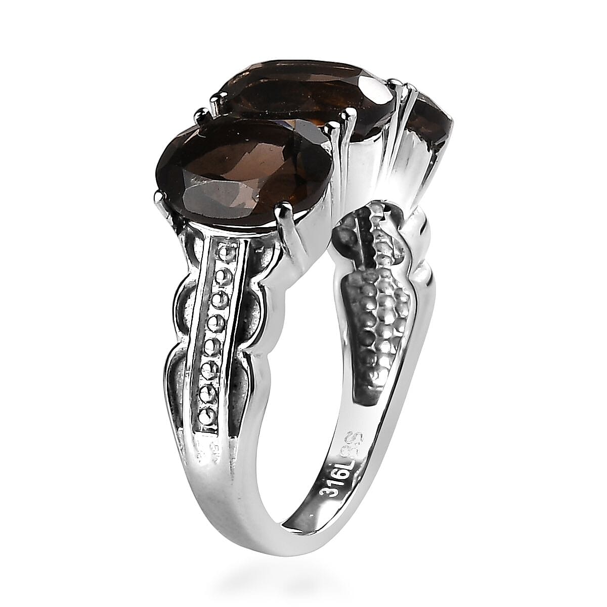 Brazilian Smoky Quartz 9.60 ctw Trilogy Ring (Size 10.0) and Pendant Necklace 20 Inches in Stainless Steel image number 4