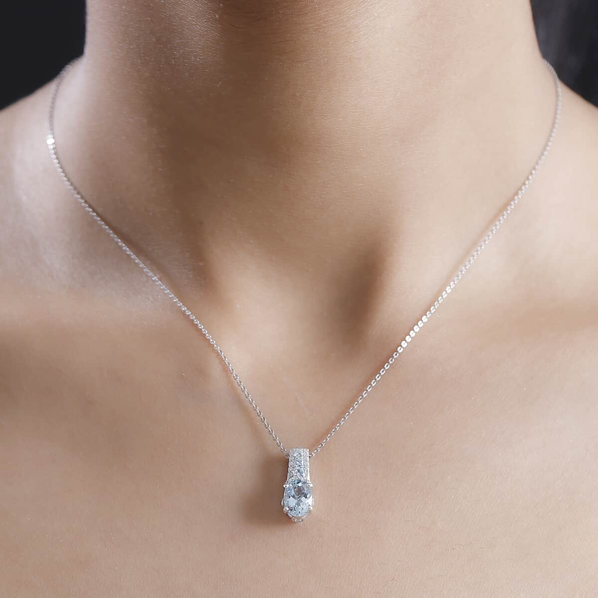 Premium Santa Maria Aquamarine and White Zircon 1.50 ctw Eternal Glow Pendant Necklace in Rhodium Over Sterling Silver 20 Inches image number 2