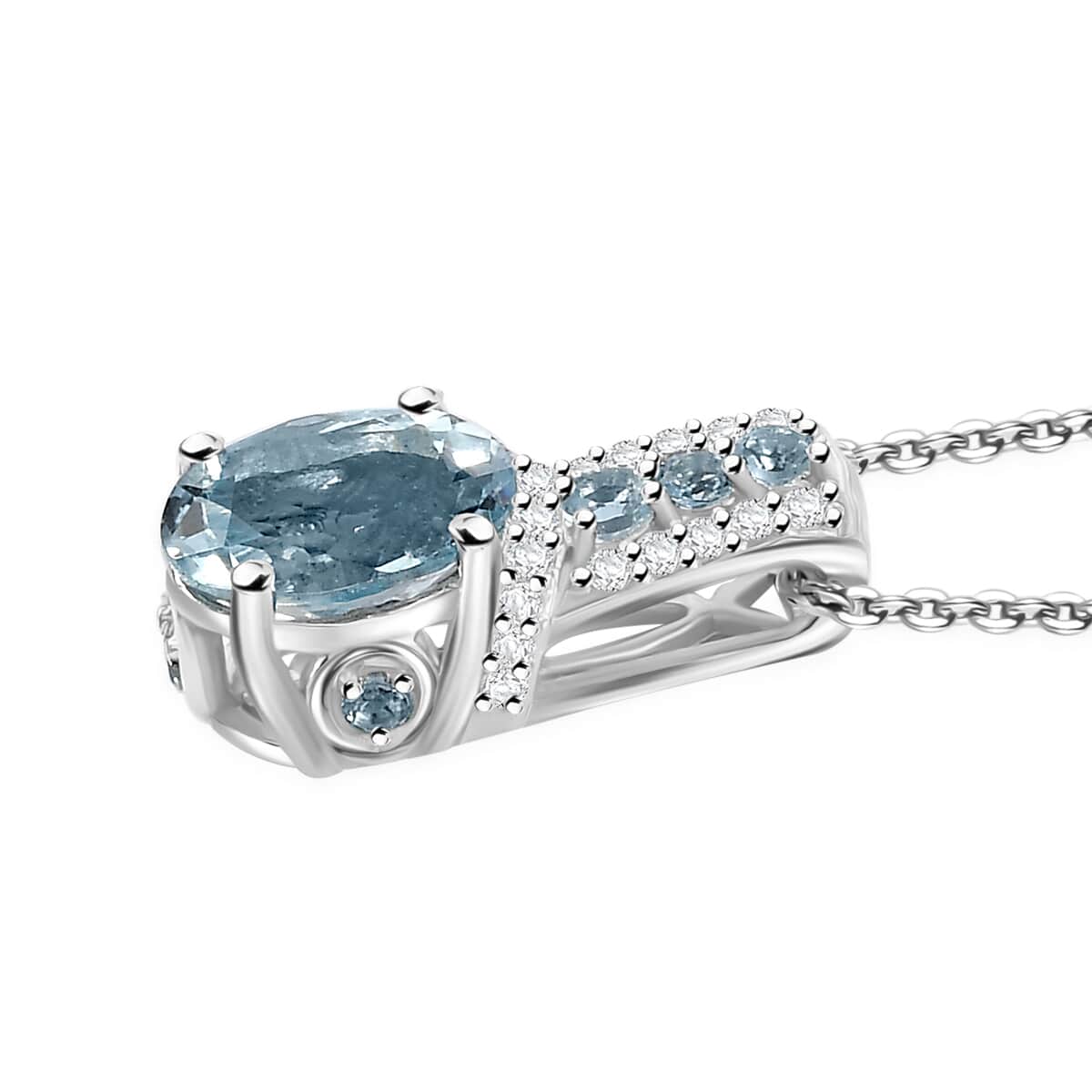 Premium Santa Maria Aquamarine and White Zircon 1.50 ctw Eternal Glow Pendant Necklace in Rhodium Over Sterling Silver 20 Inches image number 3