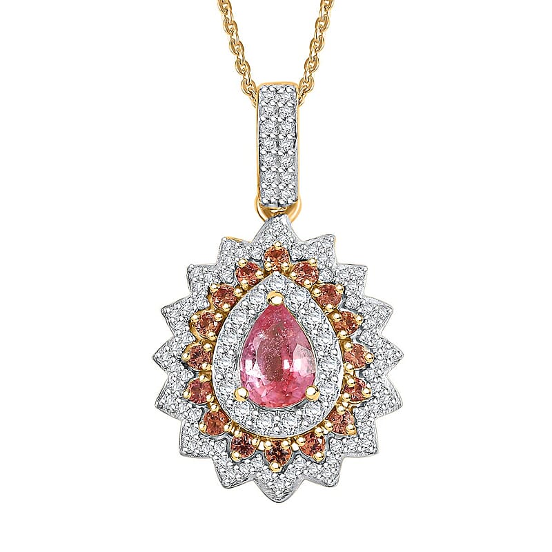 AAA Padparadscha Sapphire (BT) and Moissanite 2.10 ctw Radiant Bloom Pendant Necklace in 18K Vermeil Yellow Gold Over Sterling Silver 20 Inches