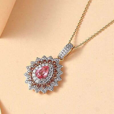 AAA Padparadscha Sapphire (BT) and Moissanite 2.10 ctw Radiant Bloom Pendant Necklace in 18K Vermeil Yellow Gold Over Sterling Silver 20 Inches