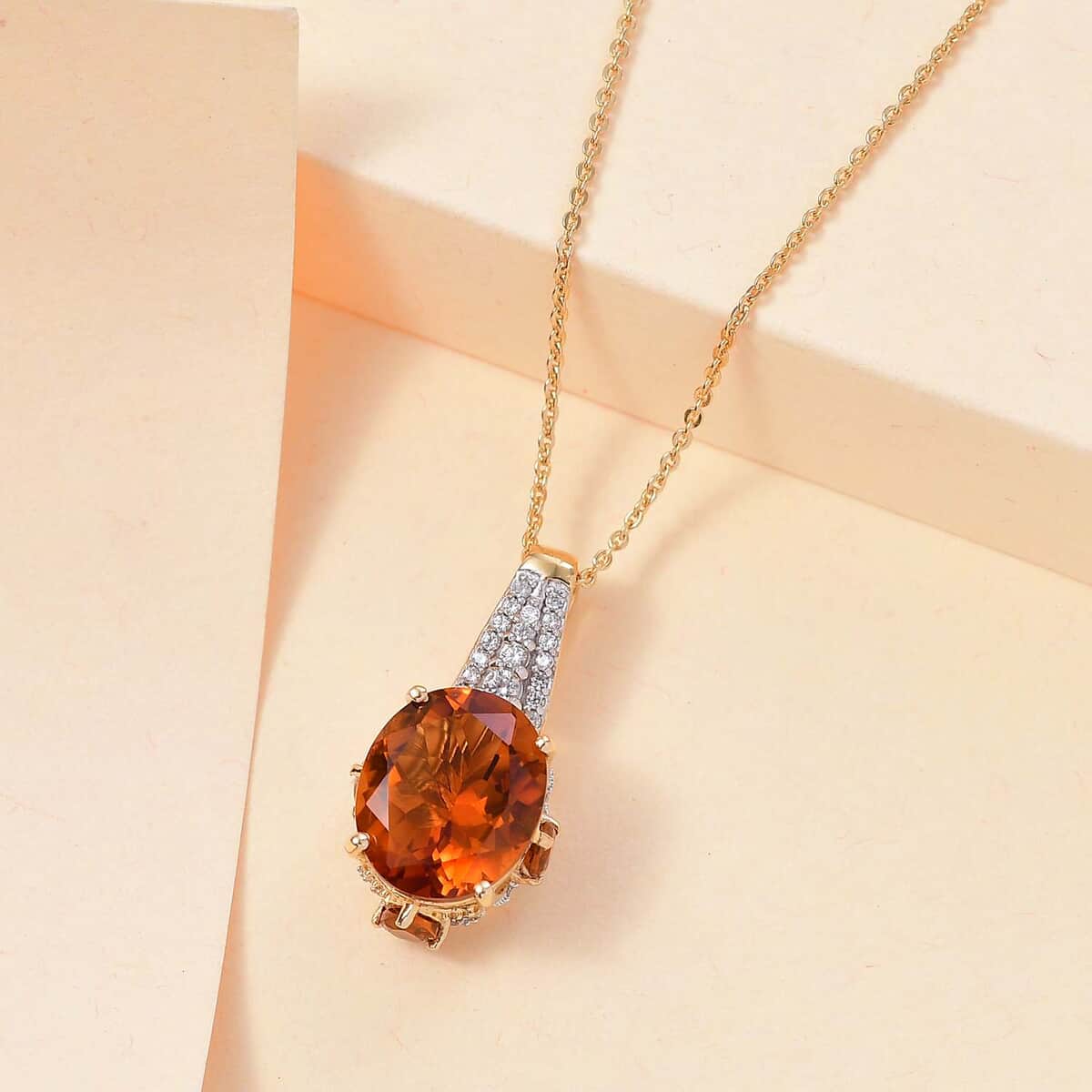 Premium Santa Ana Madeira Citrine and White Zircon 5.60 ctw Amber Crown Pendant Necklace in 18K Vermeil Yellow Gold Over Sterling Silver 20 Inches image number 1