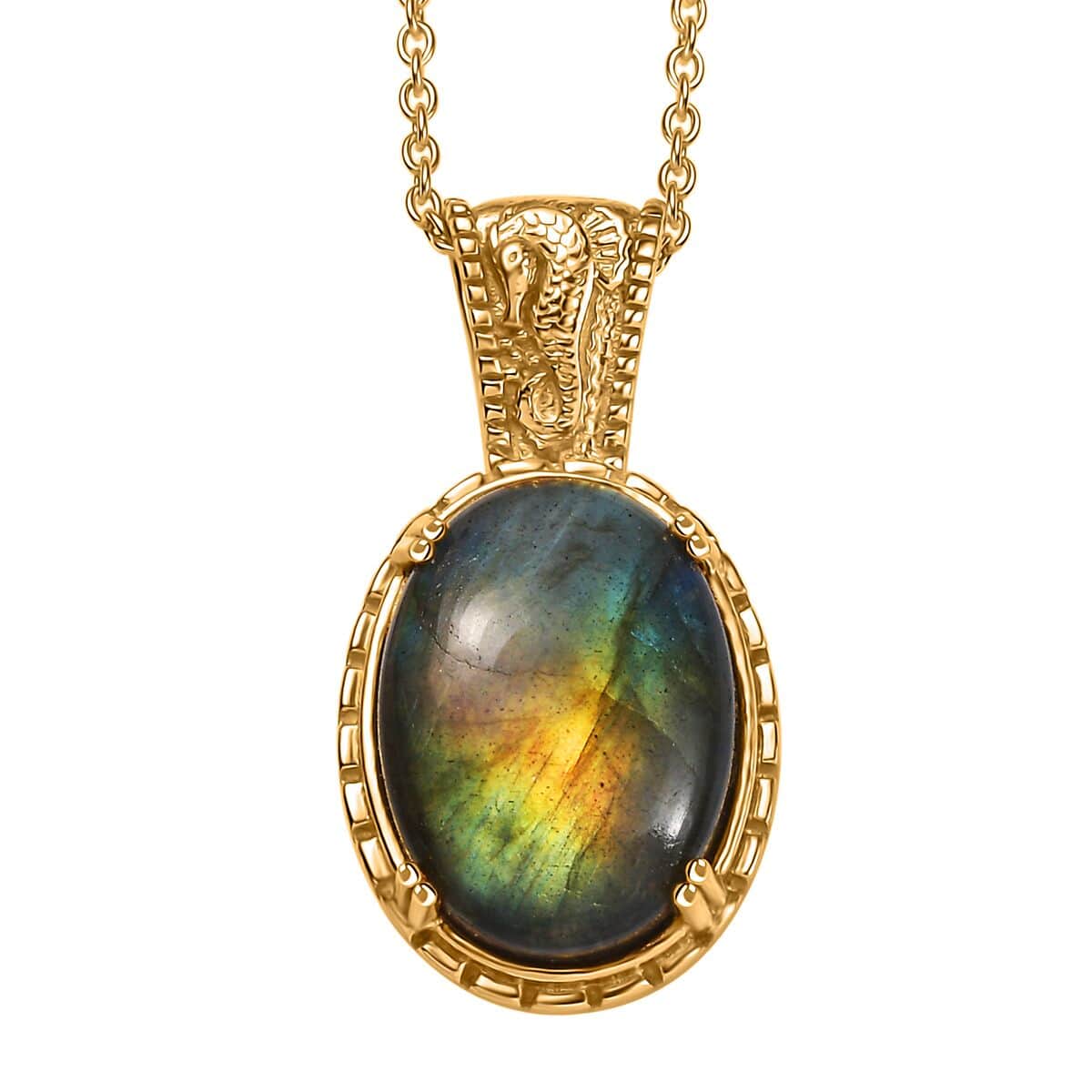 Doorbuster Karis Madagascar Fire Labradorite 18.00 ctw Seahorse Pendant in 18K YG Plated with ION Plated YG Stainless Steel Necklace 20 Inches image number 0