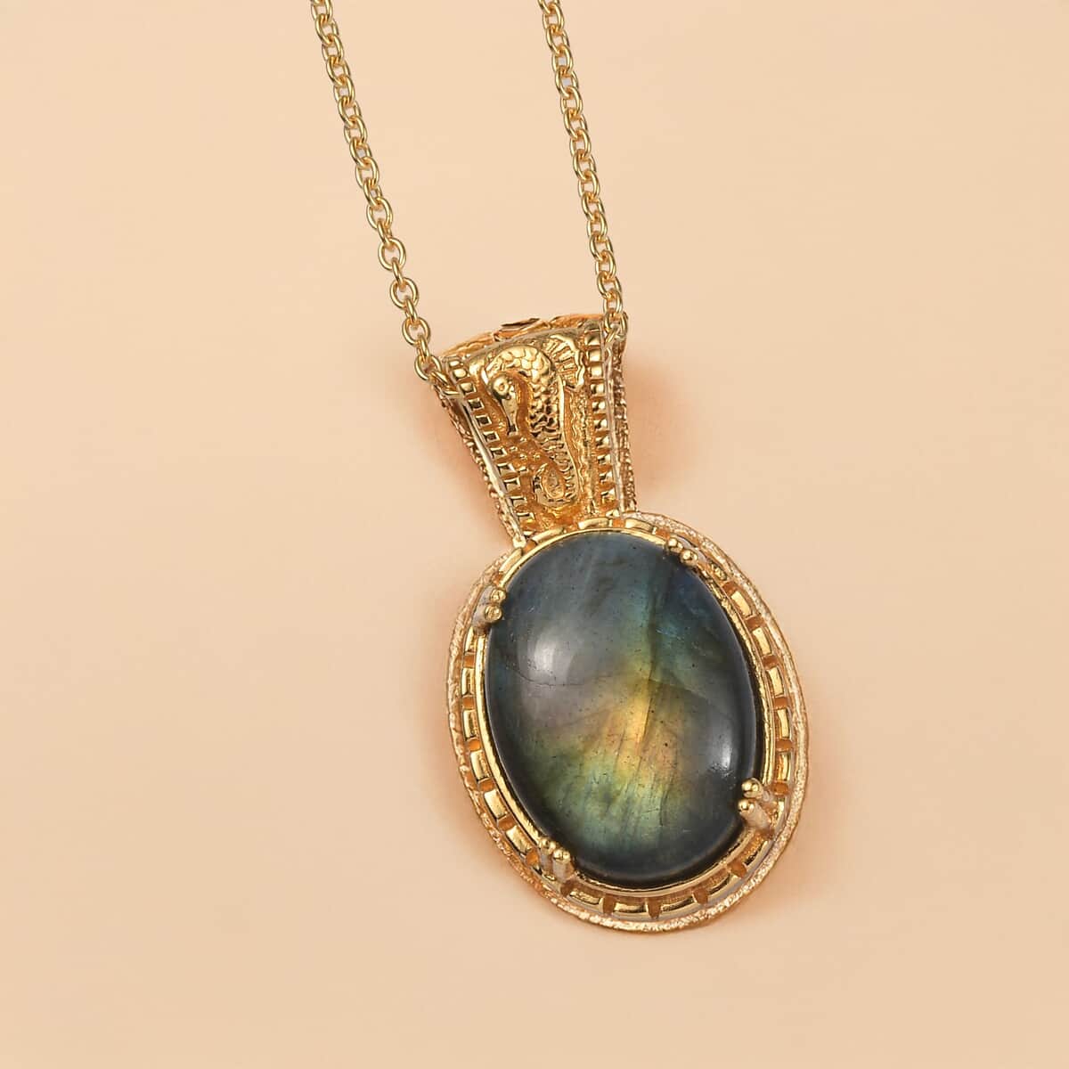 Doorbuster Karis Madagascar Fire Labradorite 18.00 ctw Seahorse Pendant in 18K YG Plated with ION Plated YG Stainless Steel Necklace 20 Inches image number 1