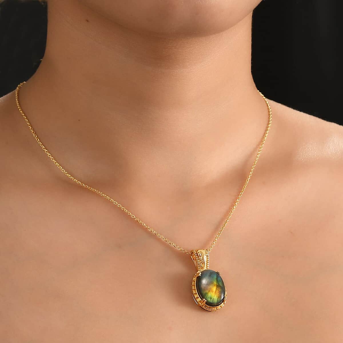 Doorbuster Karis Madagascar Fire Labradorite 18.00 ctw Seahorse Pendant in 18K YG Plated with ION Plated YG Stainless Steel Necklace 20 Inches image number 2