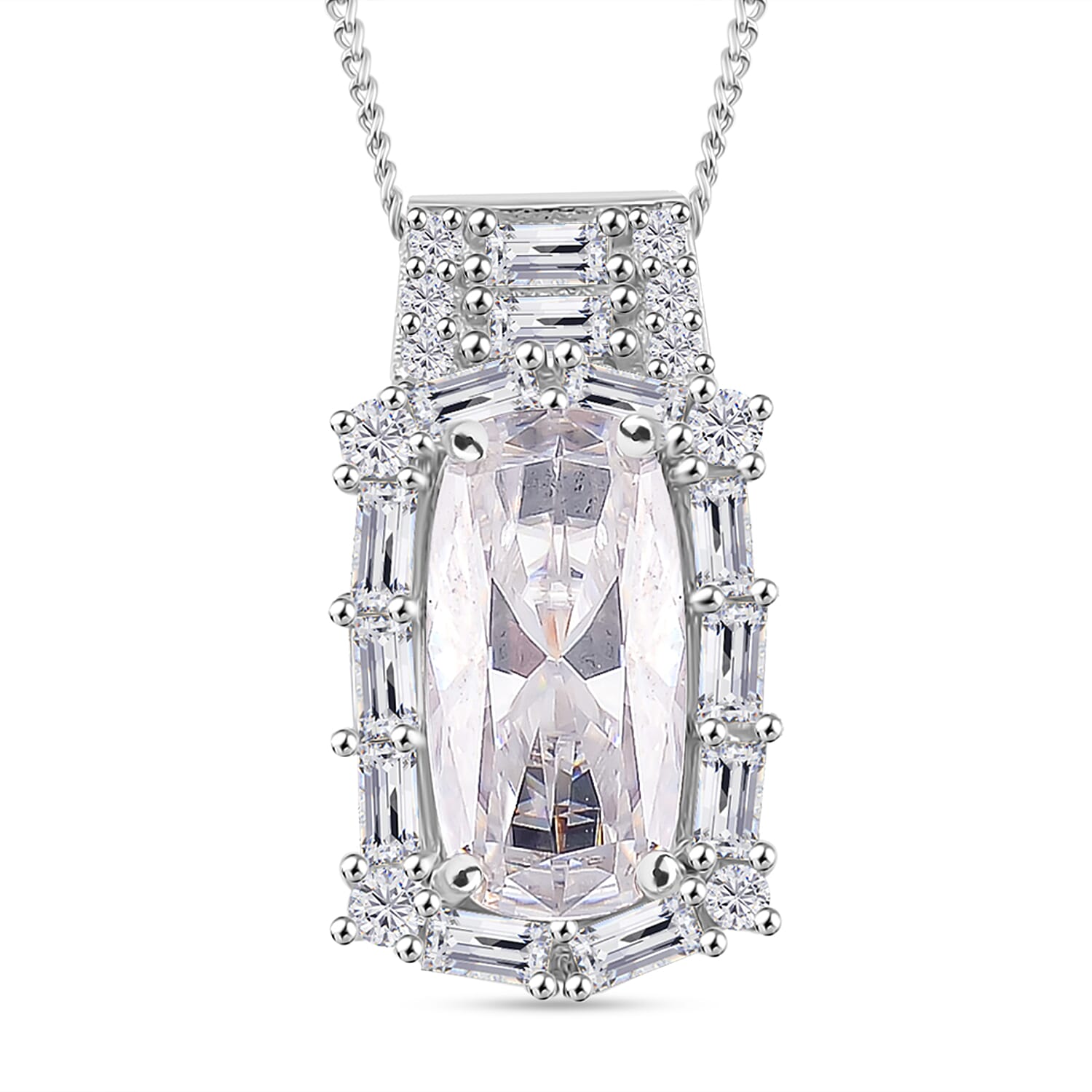 D'Joy Moissanite 3.20 ctw Radiant Majesty Pendant Necklace in Rhodium Over Sterling Silver 20 Inches