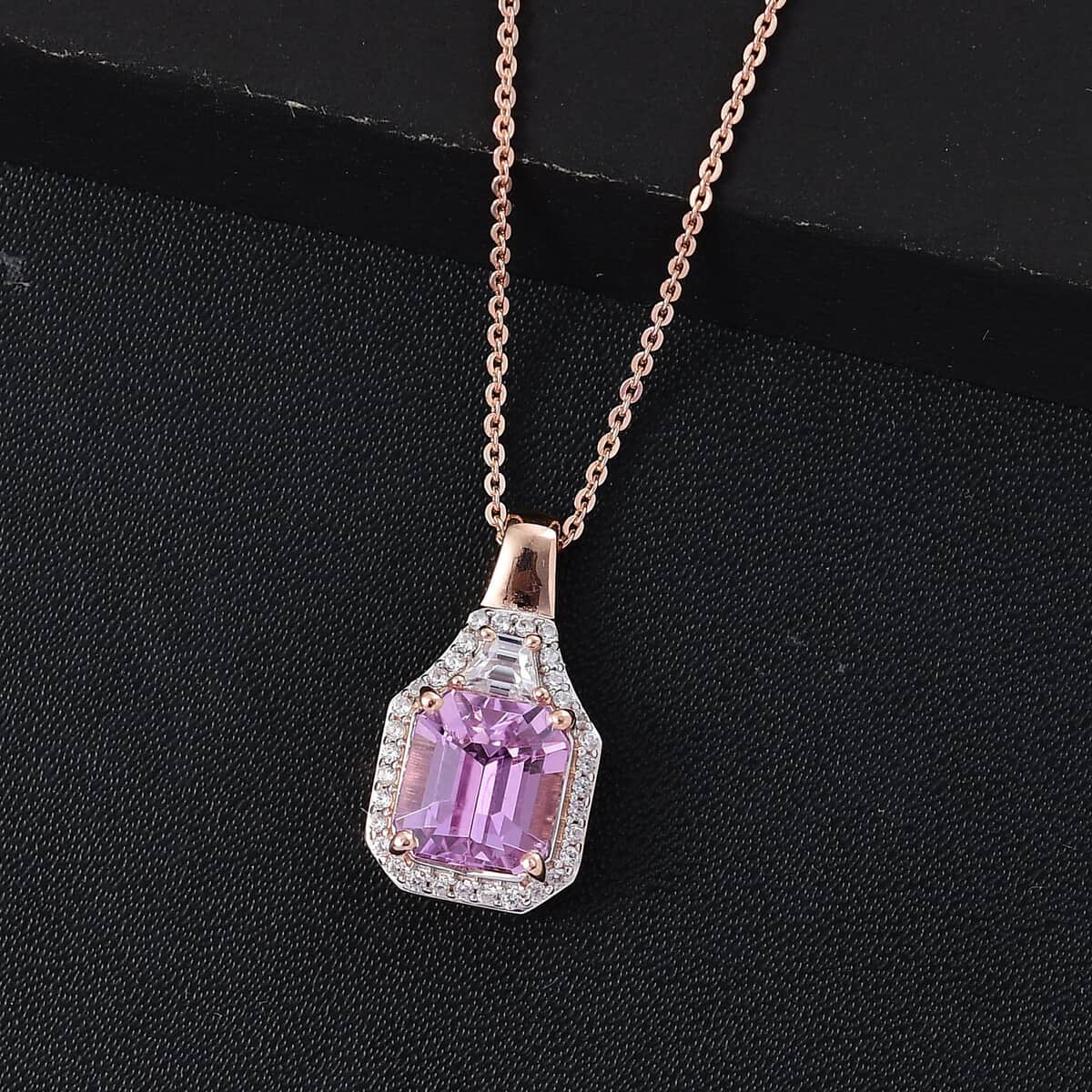 Premium Patroke Kunzite and White Zircon 4.30 ctw Art Deco Pendant Necklace in 18K Vermeil RG Over Sterling Silver 18 Inches image number 1