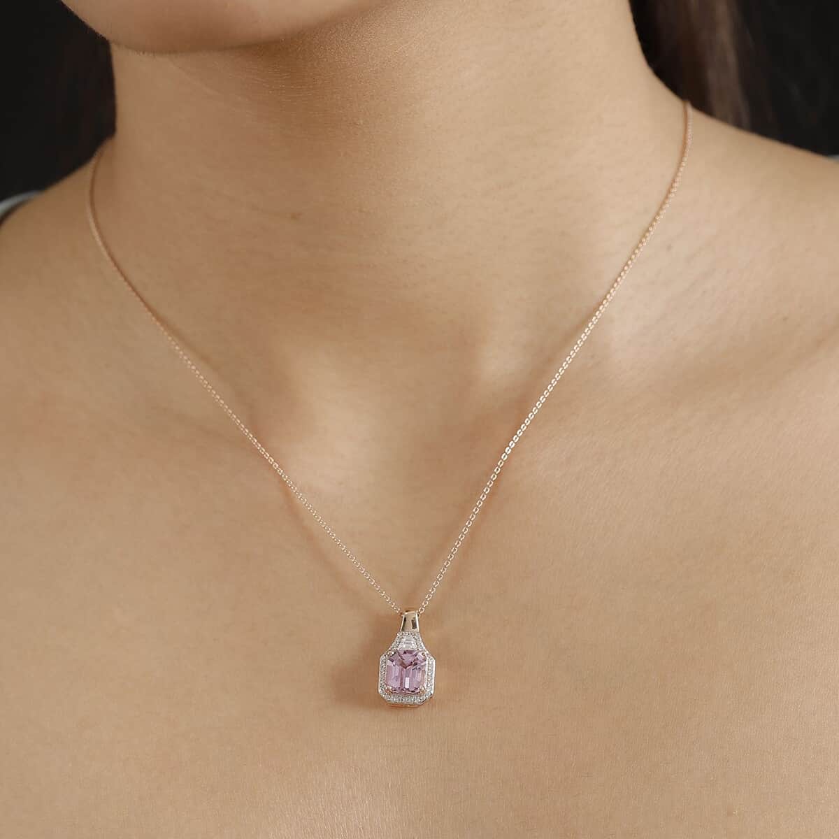 Premium Patroke Kunzite and White Zircon 4.30 ctw Art Deco Pendant Necklace in 18K Vermeil RG Over Sterling Silver 18 Inches image number 2