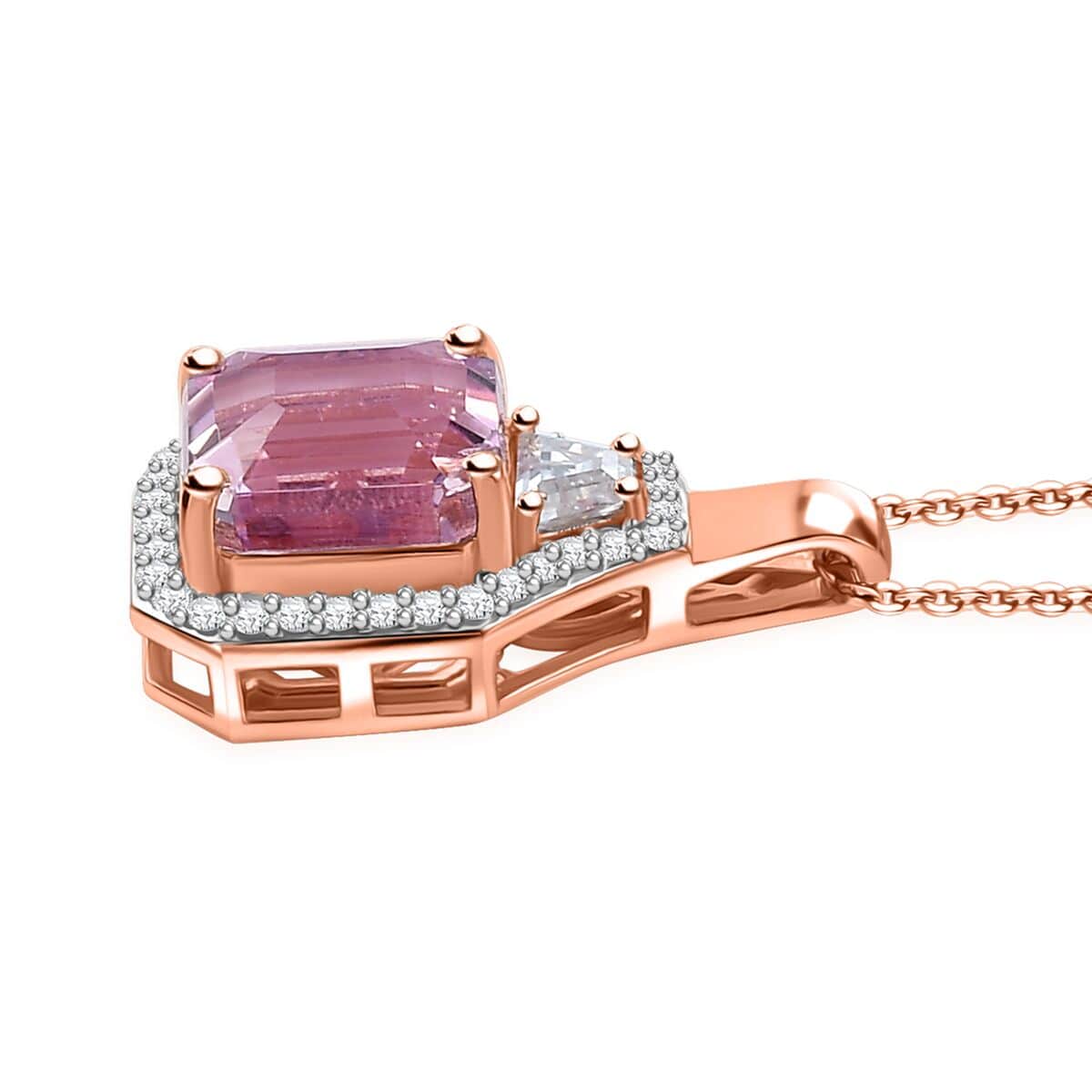 Premium Patroke Kunzite and White Zircon 4.30 ctw Art Deco Pendant Necklace in 18K Vermeil RG Over Sterling Silver 18 Inches image number 3