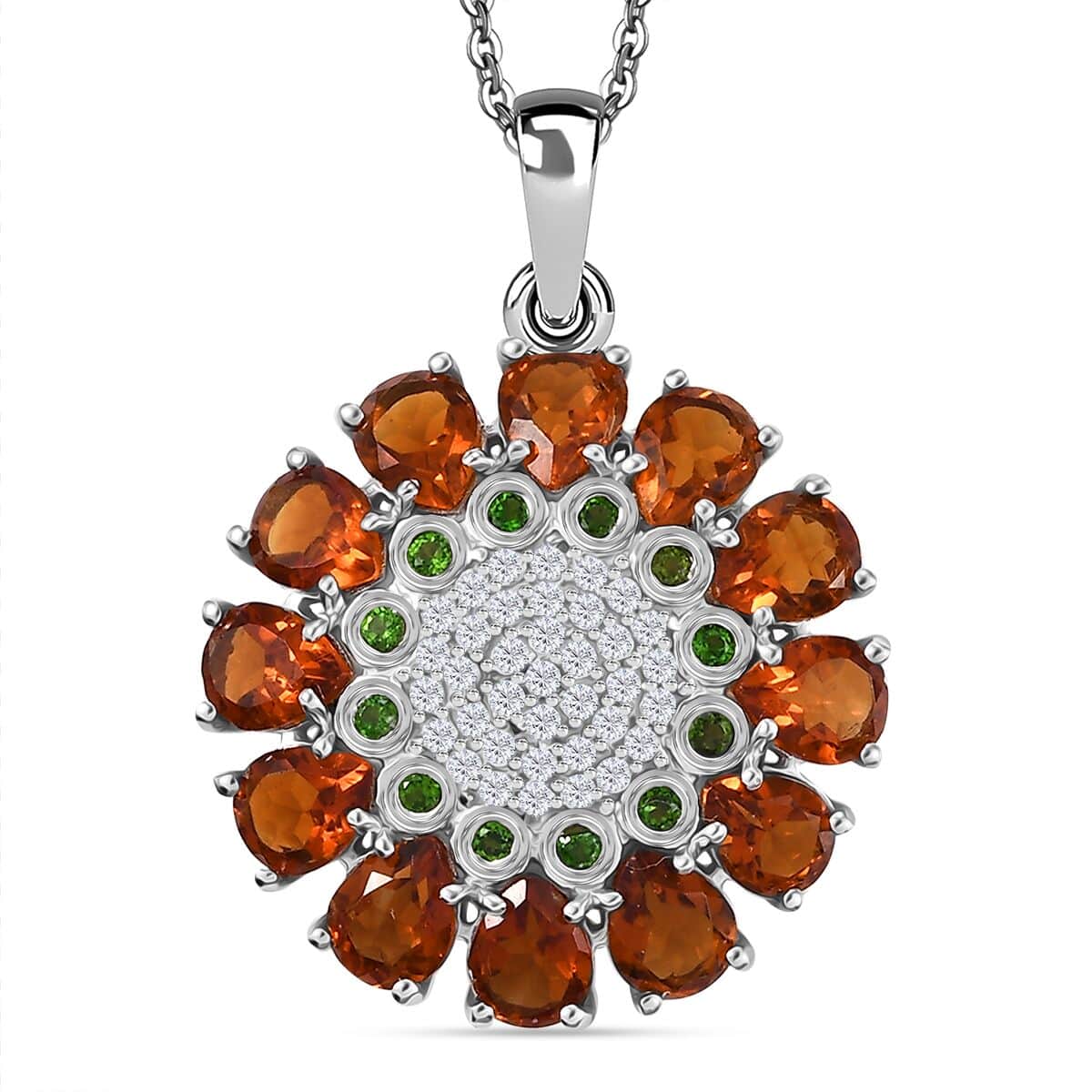 GP Italian Garden Collection Premium Santa Ana Madeira Citrine and Multi Gemstone 3.65 ctw Zinnia Flower Pendant Necklace in Rhodium Over Sterling Silver 20 Inches image number 0