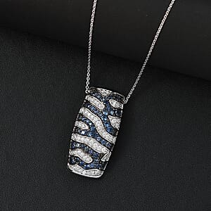 Ceylon Blue Sapphire and Moissanite 2.10 ctw River Flow Pendant Necklace in Rhodium Over Sterling Silver 20 Inches