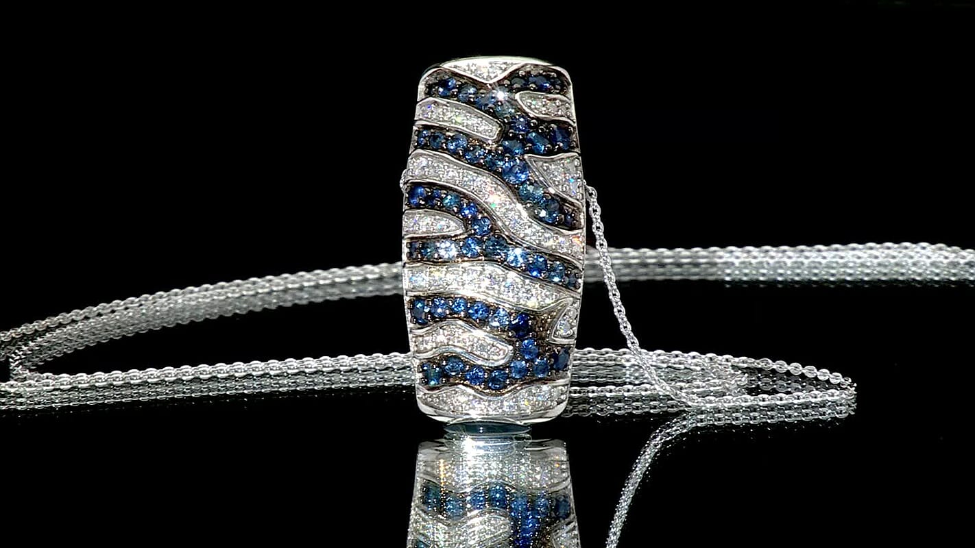 Ceylon Blue Sapphire, Moissanite River Flow Pendant Necklace (20 Inches) in Rhodium Over Sterling Silver 2.10 ctw