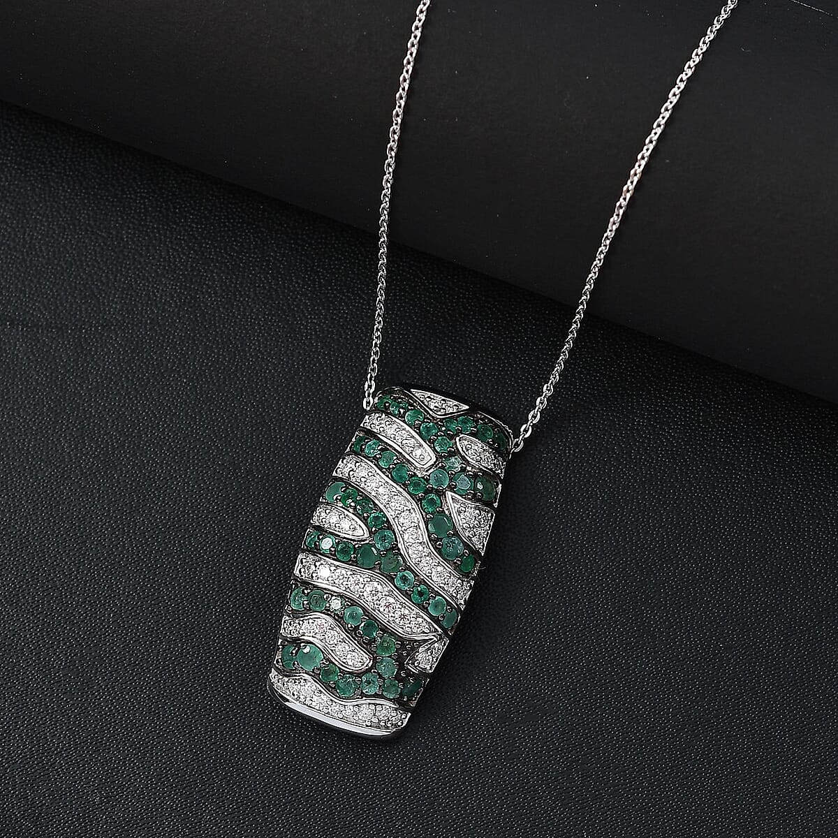 Kagem Zambian Emerald and Moissanite 2.35 ctw River Flow Pendant Necklace in Rhodium Over Sterling Silver 20 Inches image number 1
