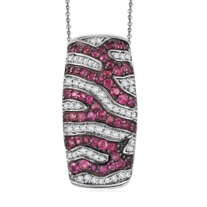 Ouro Fino Rubellite and Moissanite 2.00 ctw River Flow Pendant Necklace in Rhodium Over Sterling Silver 20 Inches