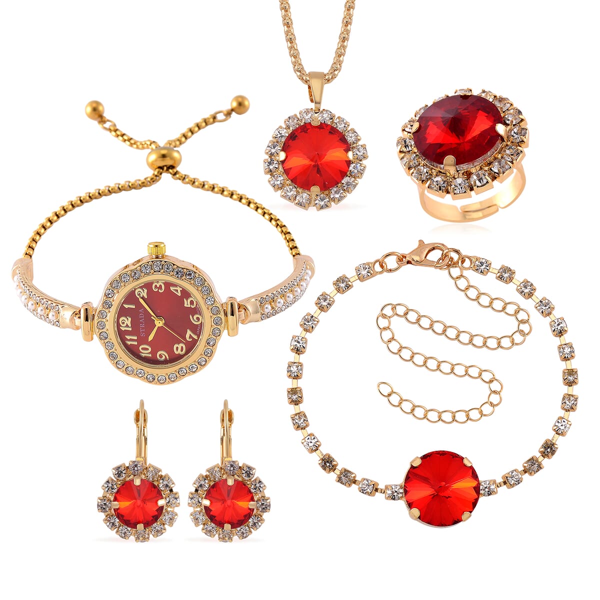 5pc Set - Strada Crystal, Simulated Pearl Japanese Movement Bolo Watch and Simulated Ruby Ring, Earrings, Bracelet (5-10In) and Necklace (20-22In) in Goldtone image number 0