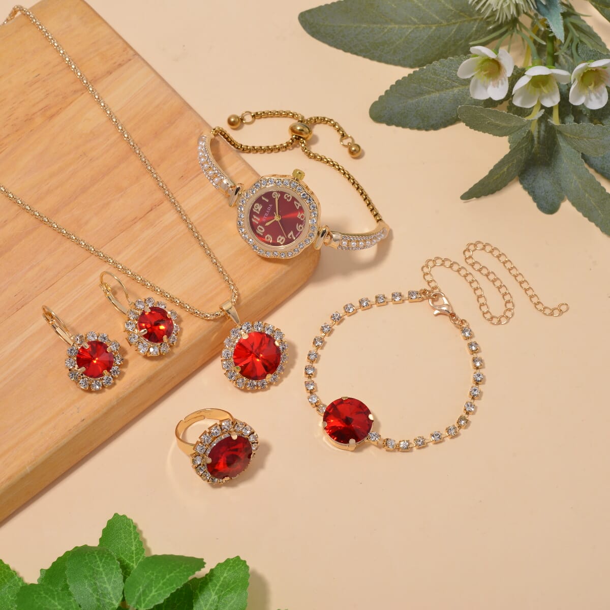 5pc Set - Strada Crystal, Simulated Pearl Japanese Movement Bolo Watch and Simulated Ruby Ring, Earrings, Bracelet (5-10In) and Necklace (20-22In) in Goldtone image number 1