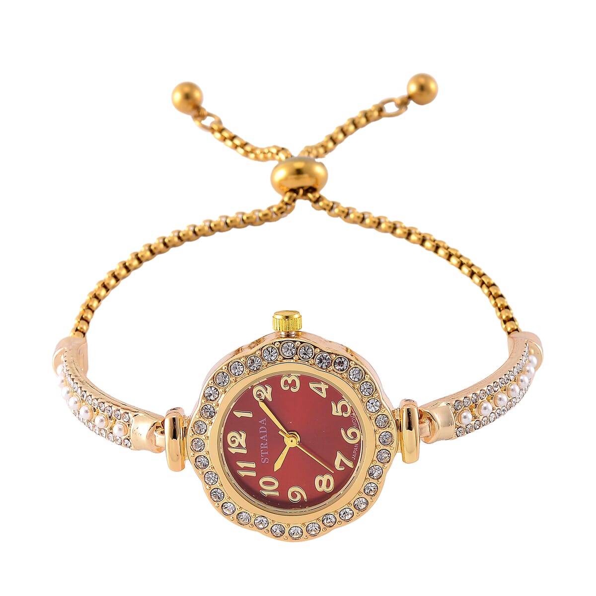 5pc Set - Strada Crystal, Simulated Pearl Japanese Movement Bolo Watch and Simulated Ruby Ring, Earrings, Bracelet (5-10In) and Necklace (20-22In) in Goldtone image number 2