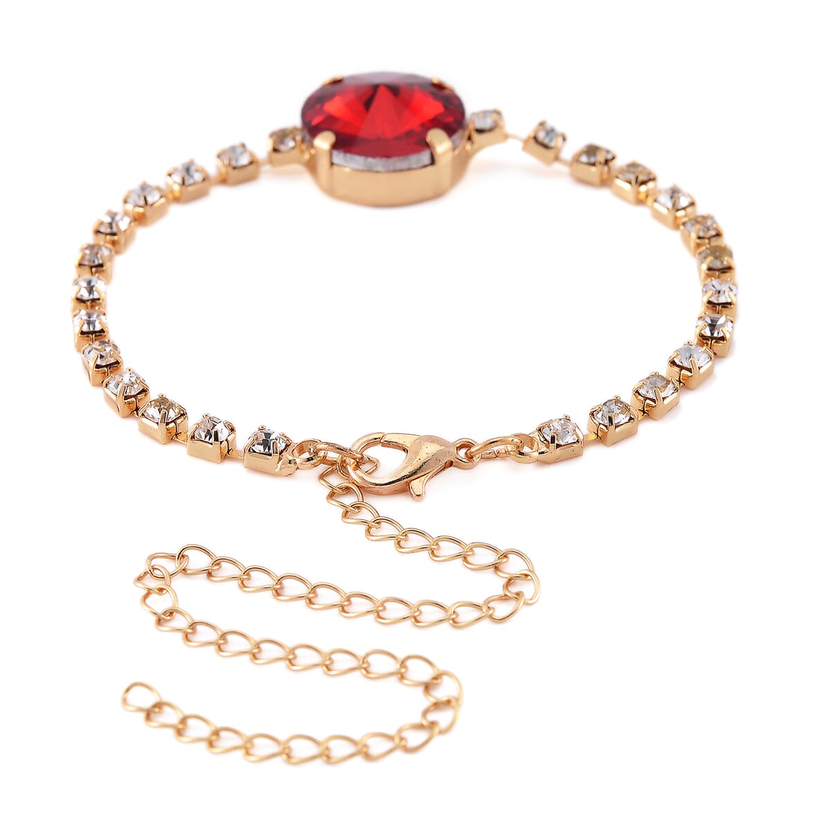 5pc Set - Strada Crystal, Simulated Pearl Japanese Movement Bolo Watch and Simulated Ruby Ring, Earrings, Bracelet (5-10In) and Necklace (20-22In) in Goldtone image number 4