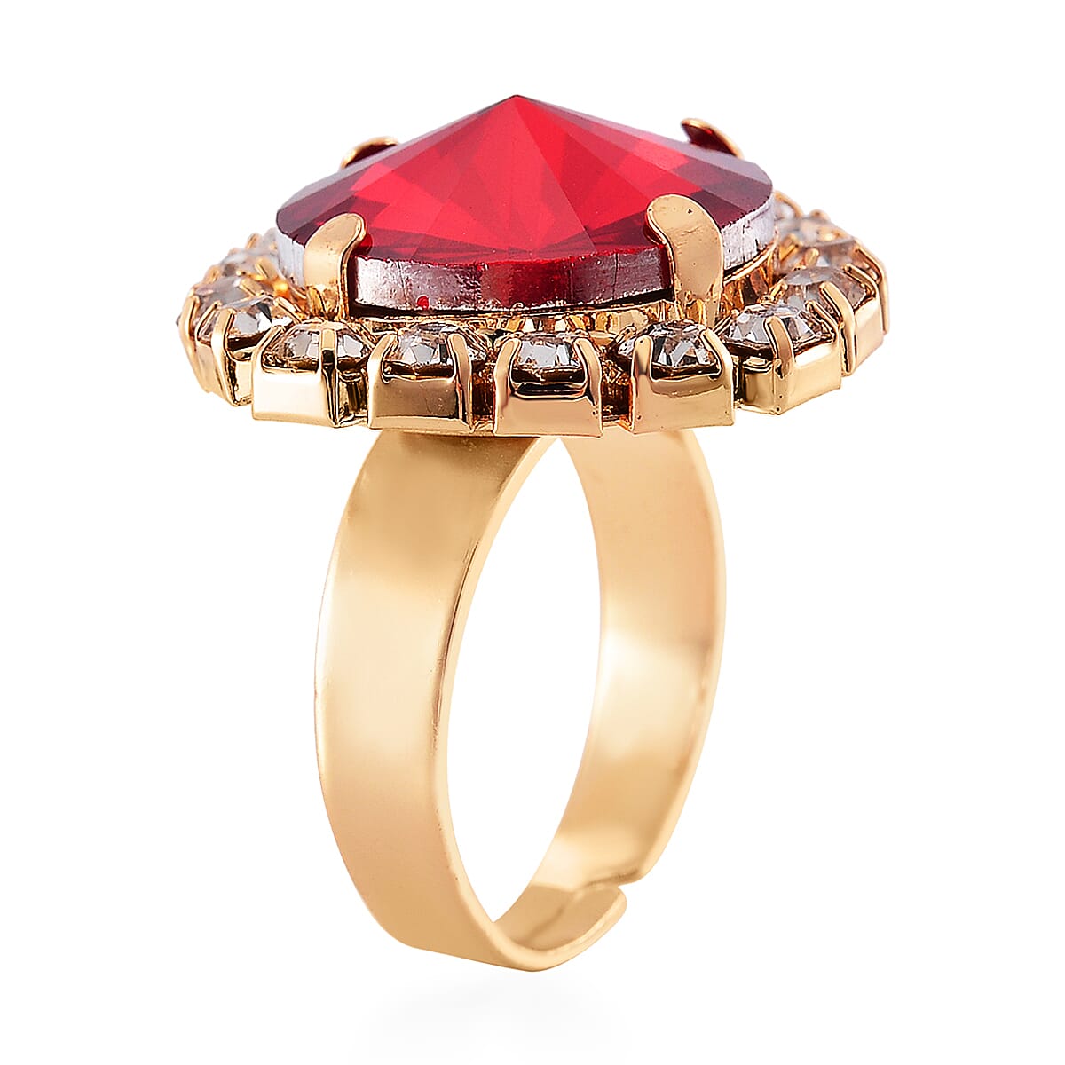 5pc Set - Strada Crystal, Simulated Pearl Japanese Movement Bolo Watch and Simulated Ruby Ring, Earrings, Bracelet (5-10In) and Necklace (20-22In) in Goldtone