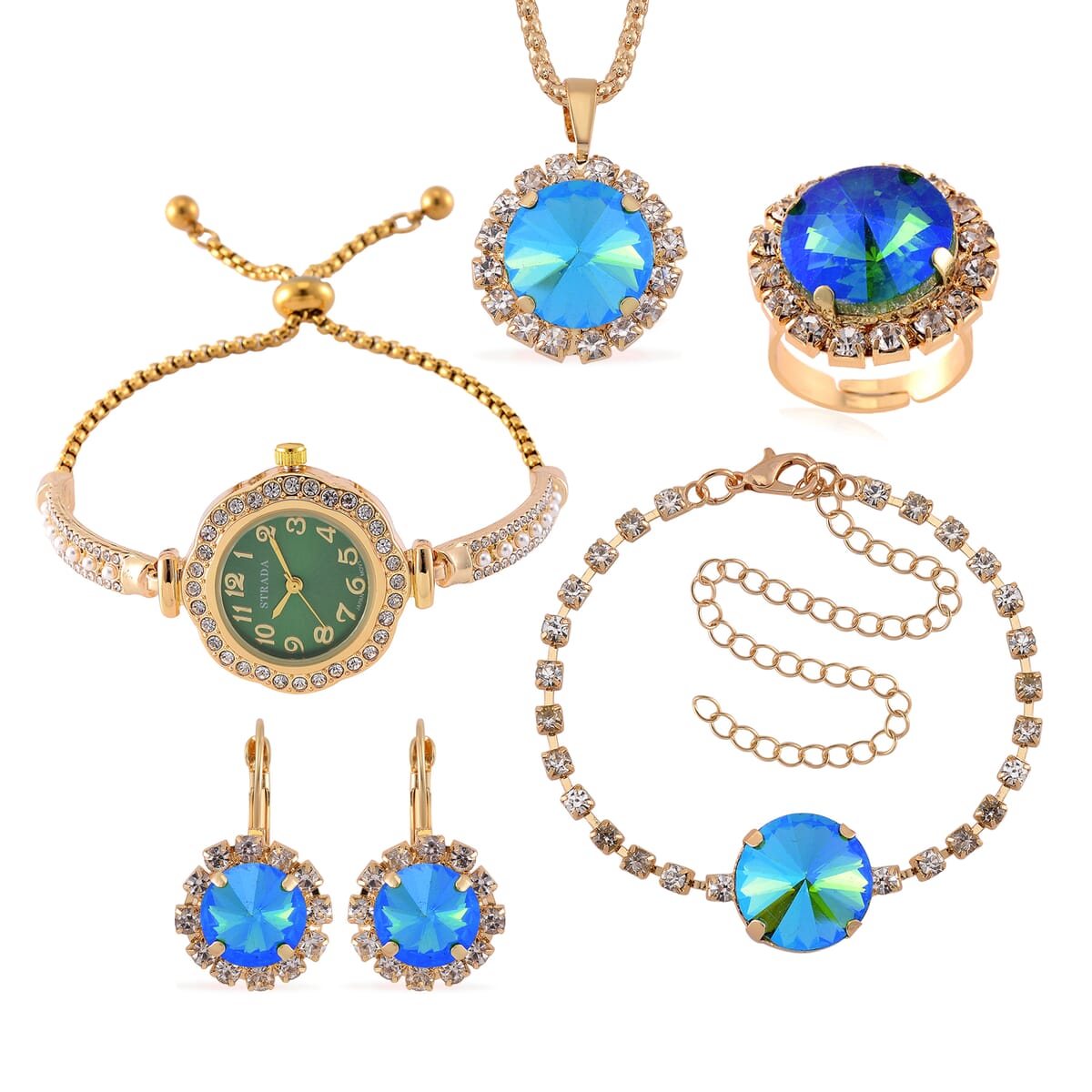 5pc Set - Strada Crystal, Simulated Pearl Japanese Movement Bolo Watch and Simulated Emerald Ring, Earrings, Bracelet (5-10In) and Necklace (20-22In) in Goldtone image number 0