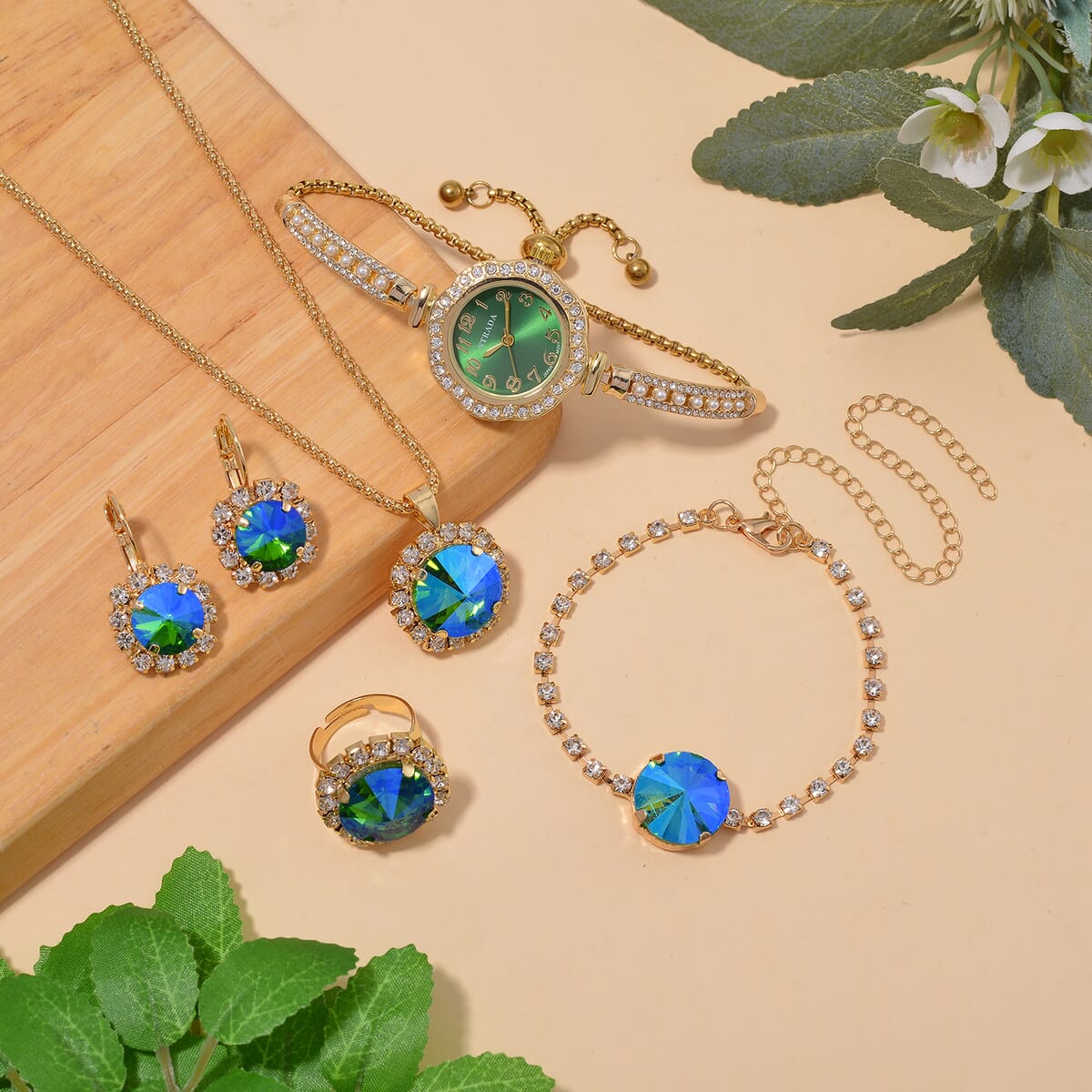 5pc Set - Strada Crystal, Simulated Pearl Japanese Movement Bolo Watch and Simulated Emerald Ring, Earrings, Bracelet (5-10In) and Necklace (20-22In) in Goldtone image number 1