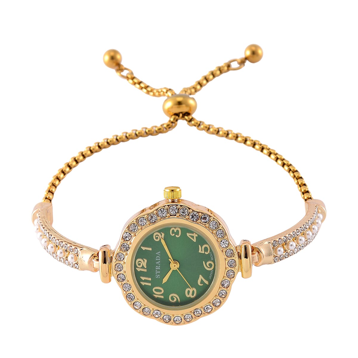 5pc Set - Strada Crystal, Simulated Pearl Japanese Movement Bolo Watch and Simulated Emerald Ring, Earrings, Bracelet (5-10In) and Necklace (20-22In) in Goldtone image number 2