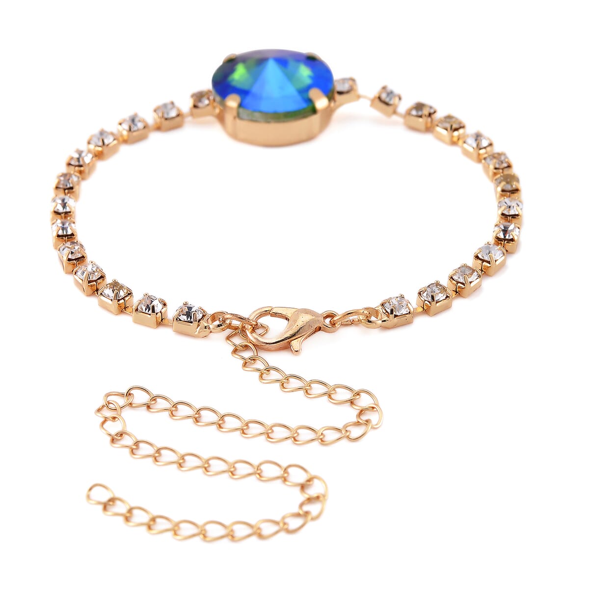 5pc Set - Strada Crystal, Simulated Pearl Japanese Movement Bolo Watch and Simulated Emerald Ring, Earrings, Bracelet (5-10In) and Necklace (20-22In) in Goldtone image number 4