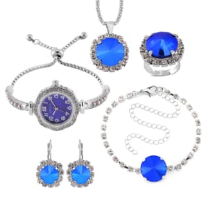 5pc Set - Strada Crystal, Simulated Pearl Japanese Movement Bolo Watch and Simulated Tanzania Ring, Earrings, Bracelet (5-10In) and Necklace (20-22In) in Silvertone