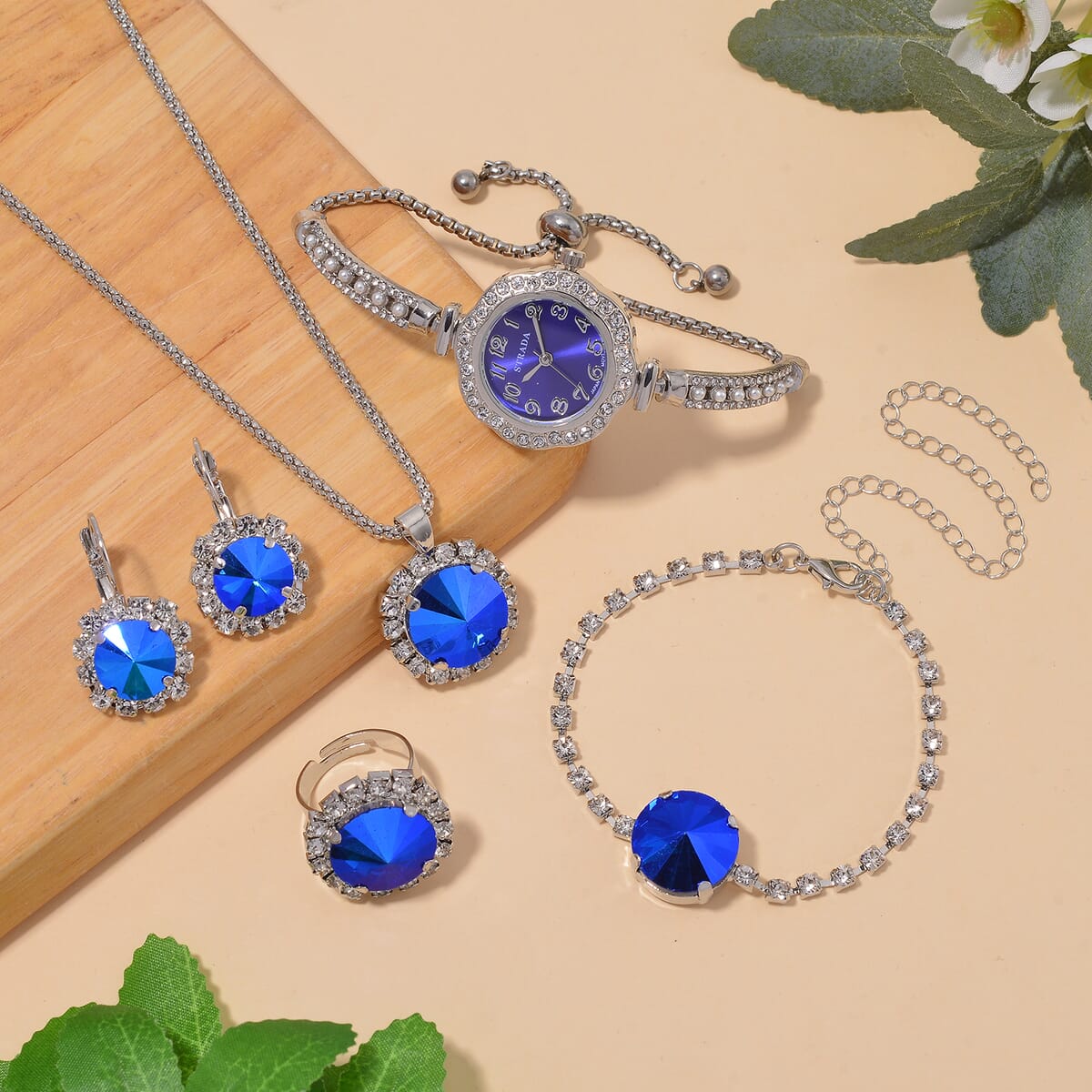 5pc Set - Strada Crystal, Simulated Pearl Japanese Movement Bolo Watch and Simulated Tanzania Ring, Earrings, Bracelet (5-10In) and Necklace (20-22In) in Silvertone image number 1